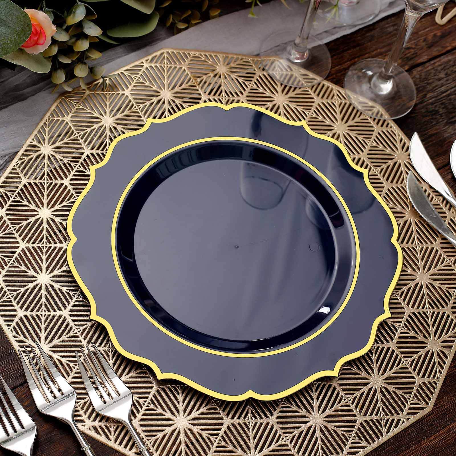 10-Pack Plastic 10 Round Dinner Plates in Navy Blue with Gold Scalloped Rim - Disposable Party Plates