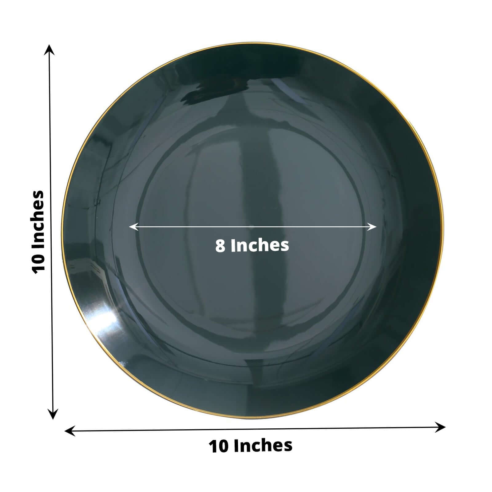 10-Pack Plastic 10 Round Dinner Plates in Hunter Emerald Green with Gold Rim - Glossy Disposable Party Plates