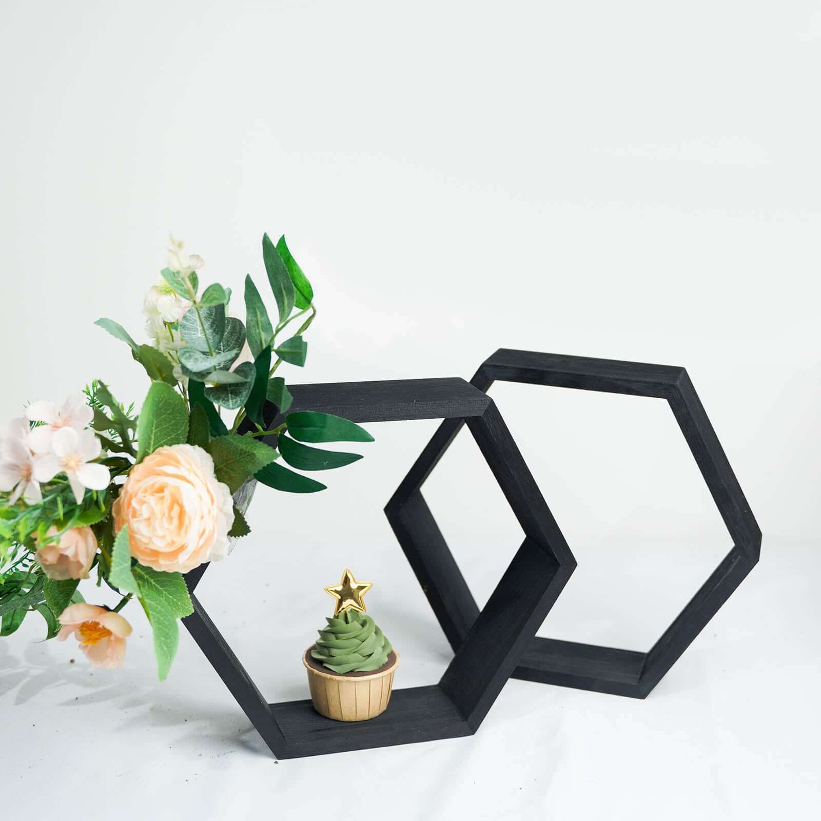 2 Pack 9 Tall Hexagon Black Wood Centerpiece, Geometric Terrarium Honeycomb Storage Shelf