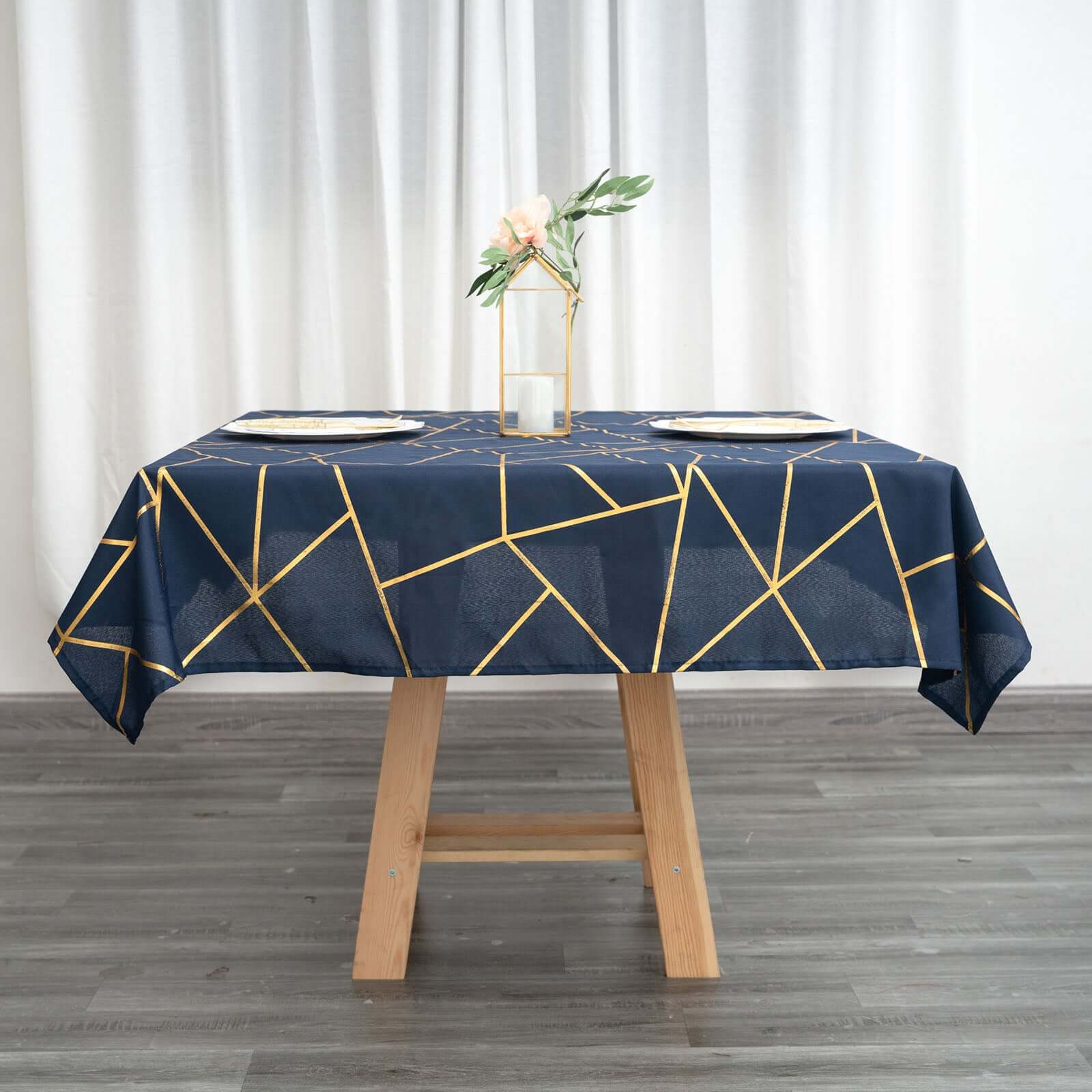 Polyester 54x54 Square Tablecloth Navy Blue with Gold Foil Geometric Pattern - Wrinkle-Resistant & Durable Table Cover