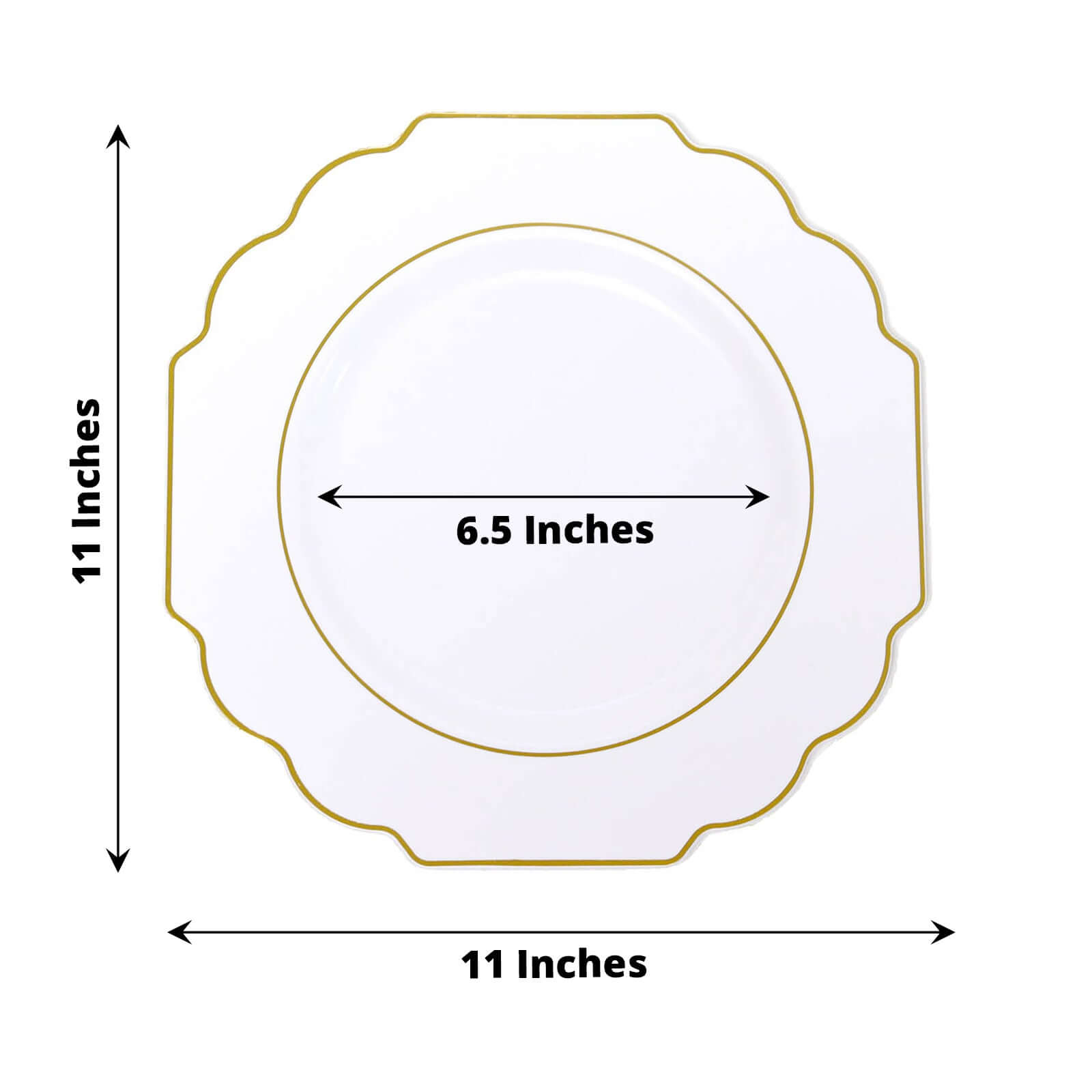 10-Pack Plastic Dinner Plates in White Baroque Design with Scalloped Gold Rim - Heavy Duty Disposable Party Plates for Events & Banquets 11