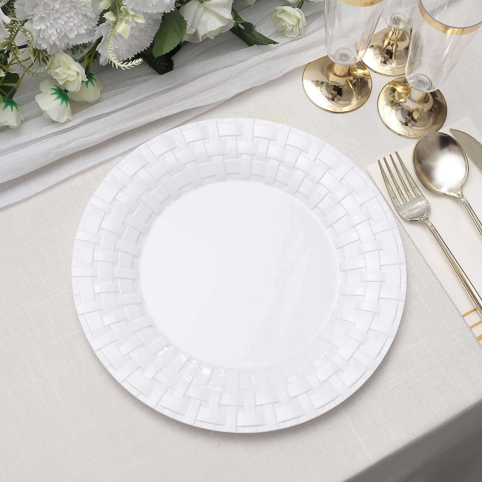 10-Pack Plastic Dinner Plates White Basketweave Rim - Durable Disposable Dinner Plates 10