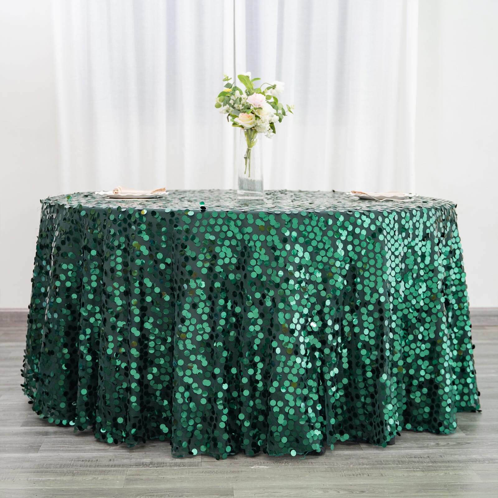 Sequin 120 Round Tablecloth Hunter Emerald Green - Seamless Big Payette Table Cover