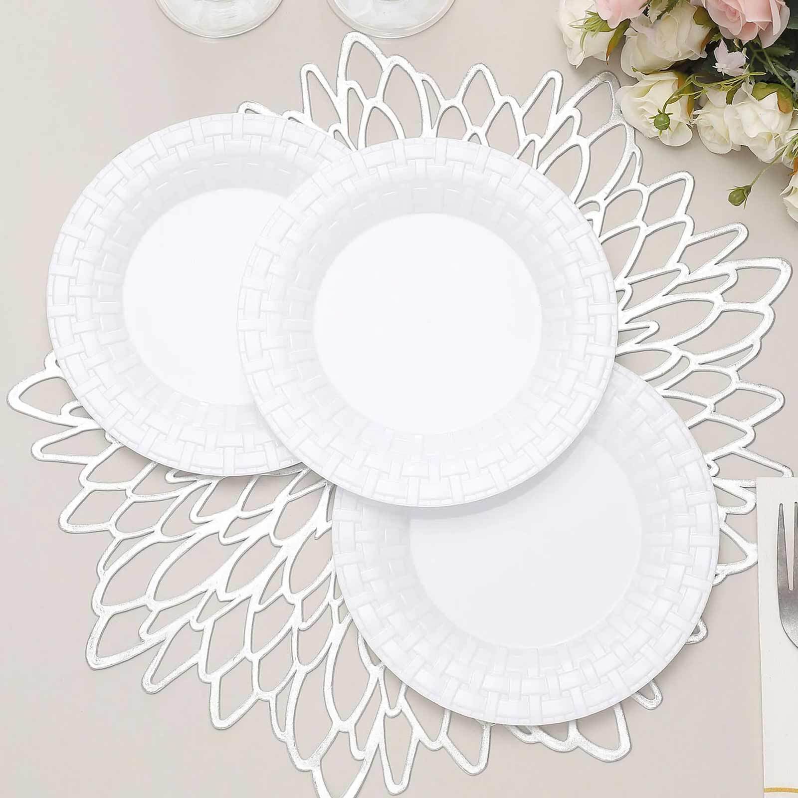 10 Pack 7 White Basketweave Rim Plastic Salad Dessert Plates, Round Disposable Appetizer Plates