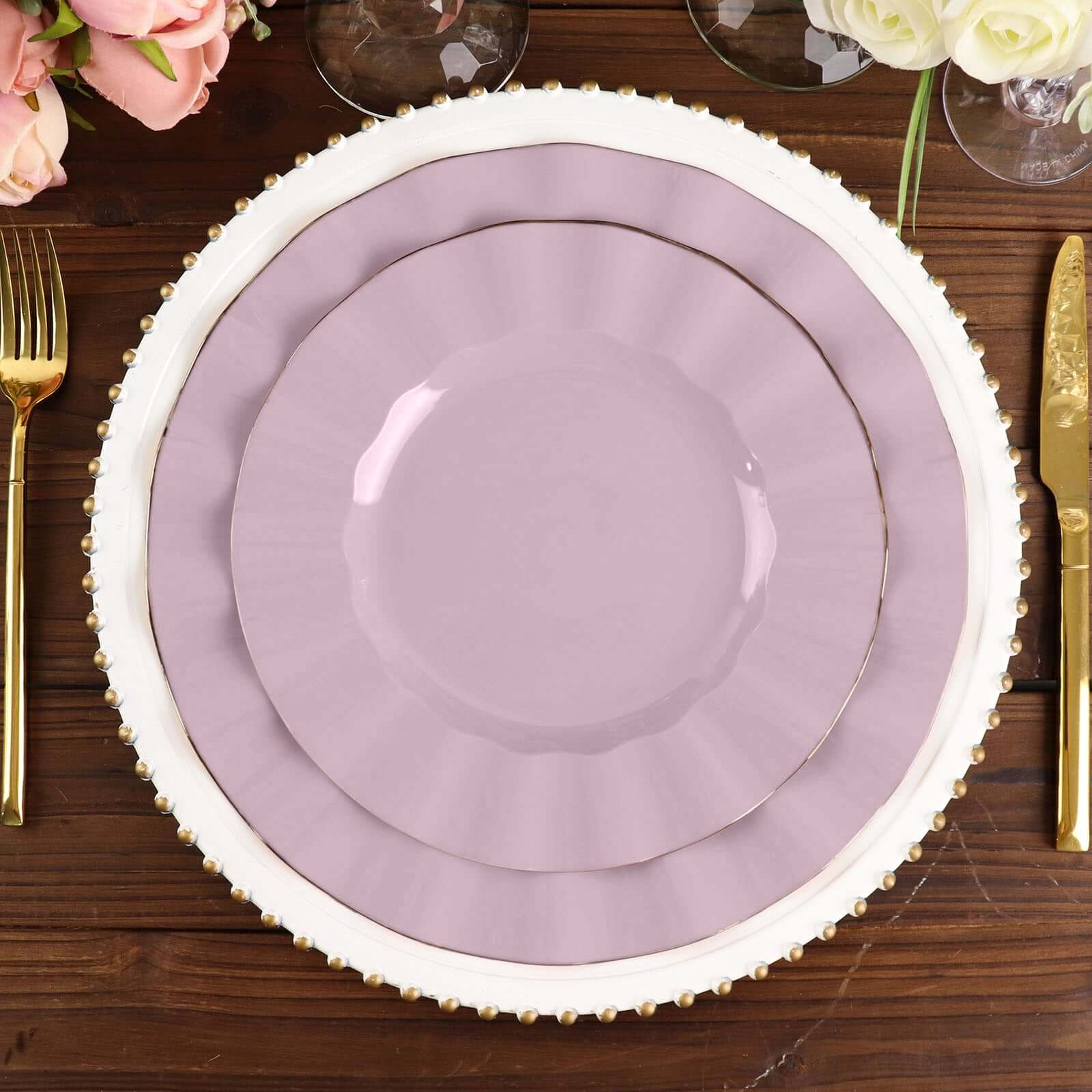 10-Pack Plastic 11 Round Dinner Plates in Lavender Lilac Ruffled Rim with Gold Edging - Sturdy Disposable Dinnerware