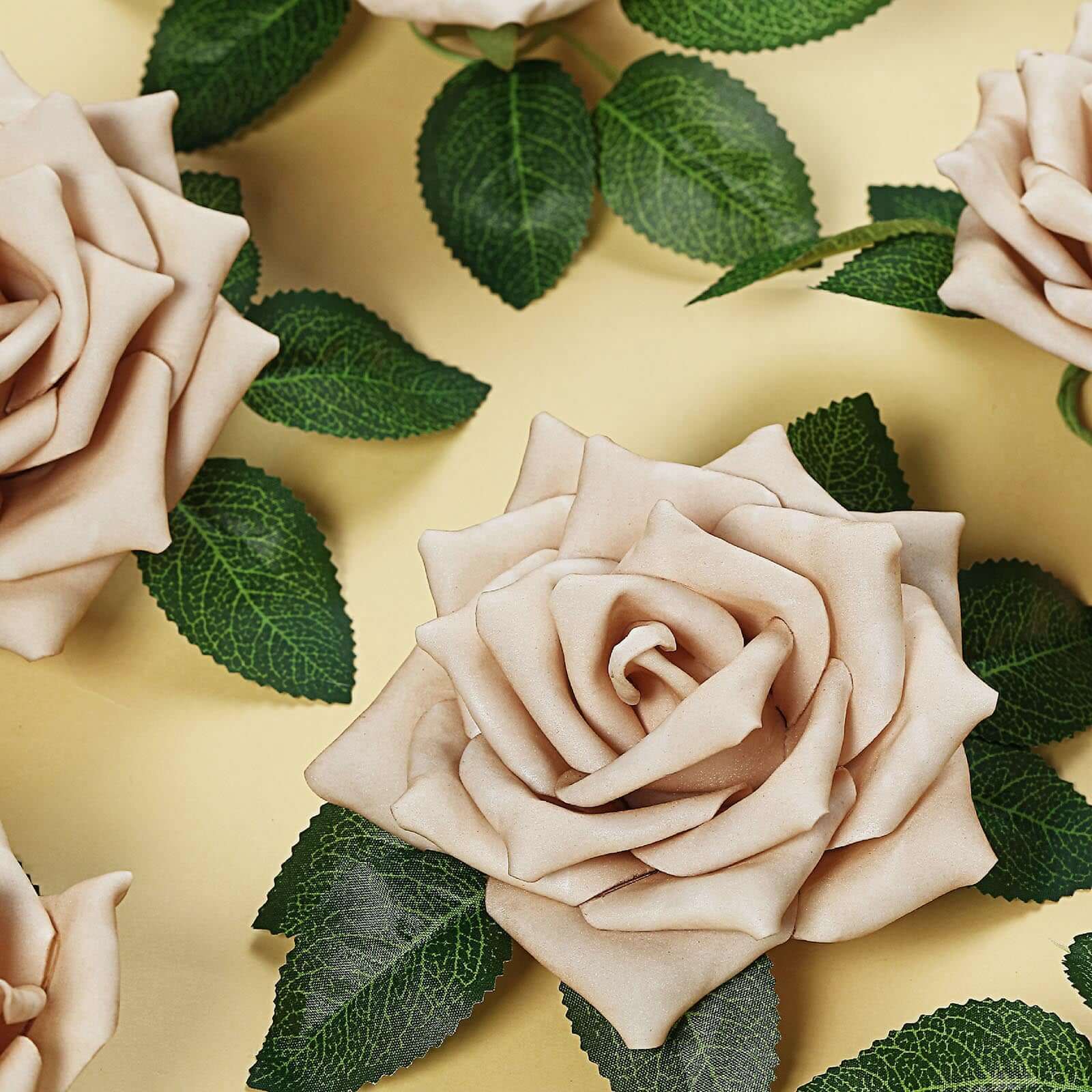 24 Roses 5 Champagne Artificial Foam Flowers With Stem Wire and Leaves