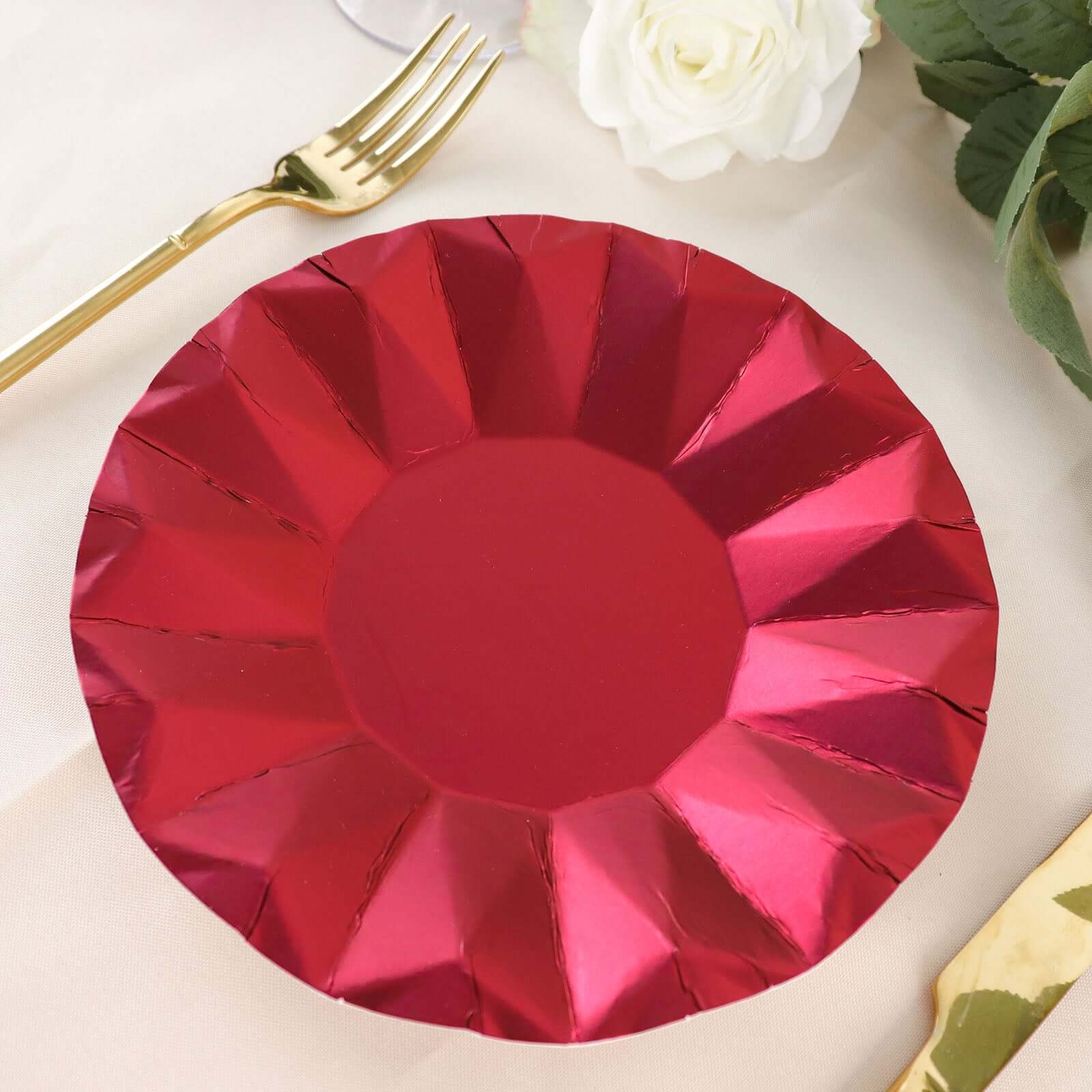 25-Pack Paper 7 Round Dessert Plates in Burgundy with Geometric Prism Rim - Disposable 400GSM Appetizer Salad Plates