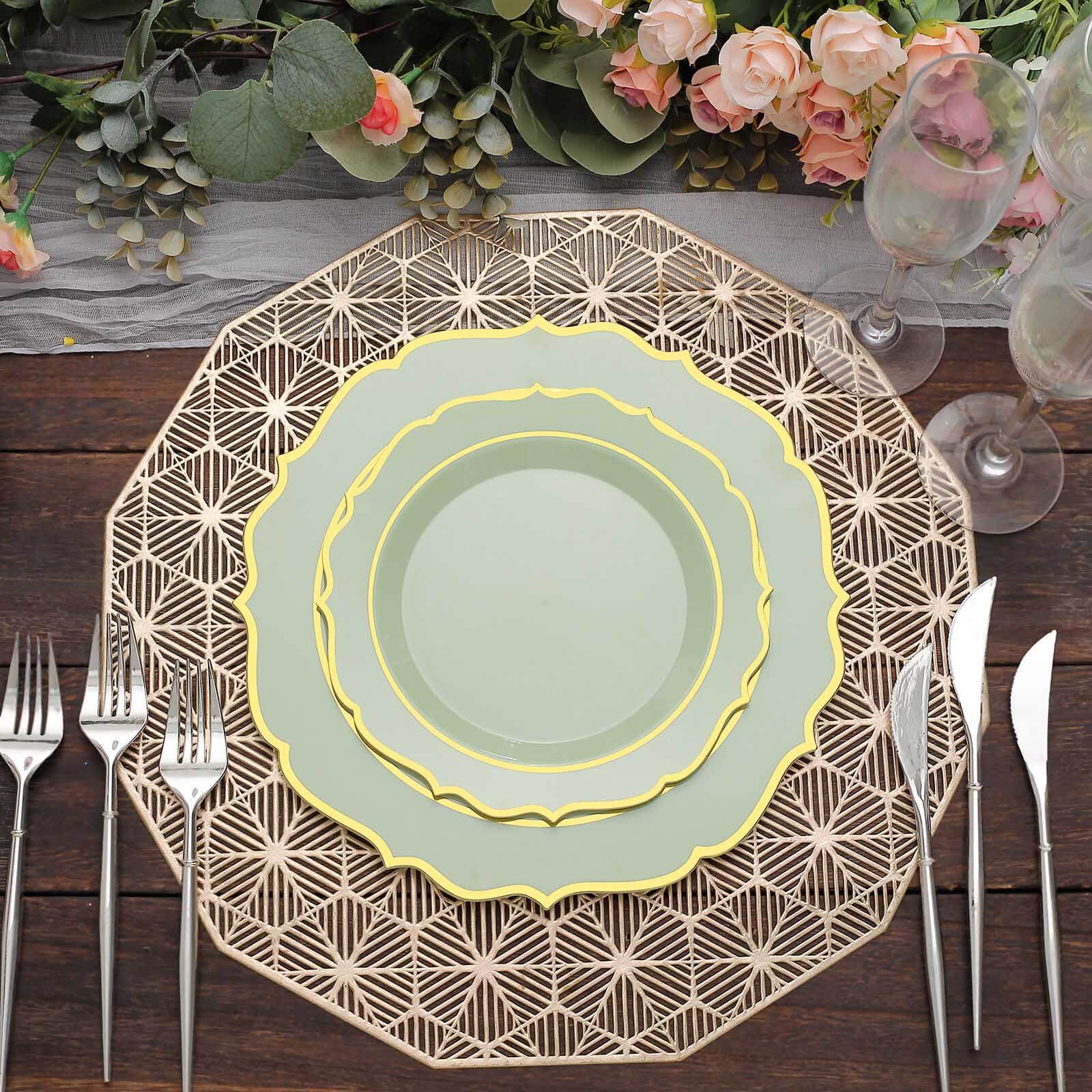 10-Pack Plastic 8 Round Desert Plates in Sage Green with Gold Scalloped Rim - Disposable Appetizer/Salad Plates