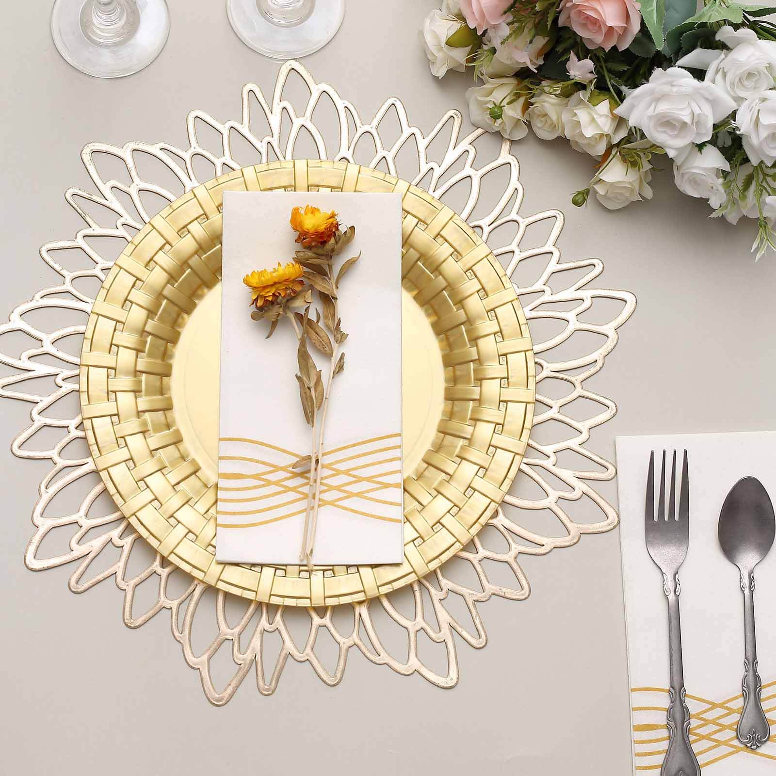 10-Pack Plastic Dinner Plates Gold Basketweave Rim - Durable Disposable Dinner Plates 10