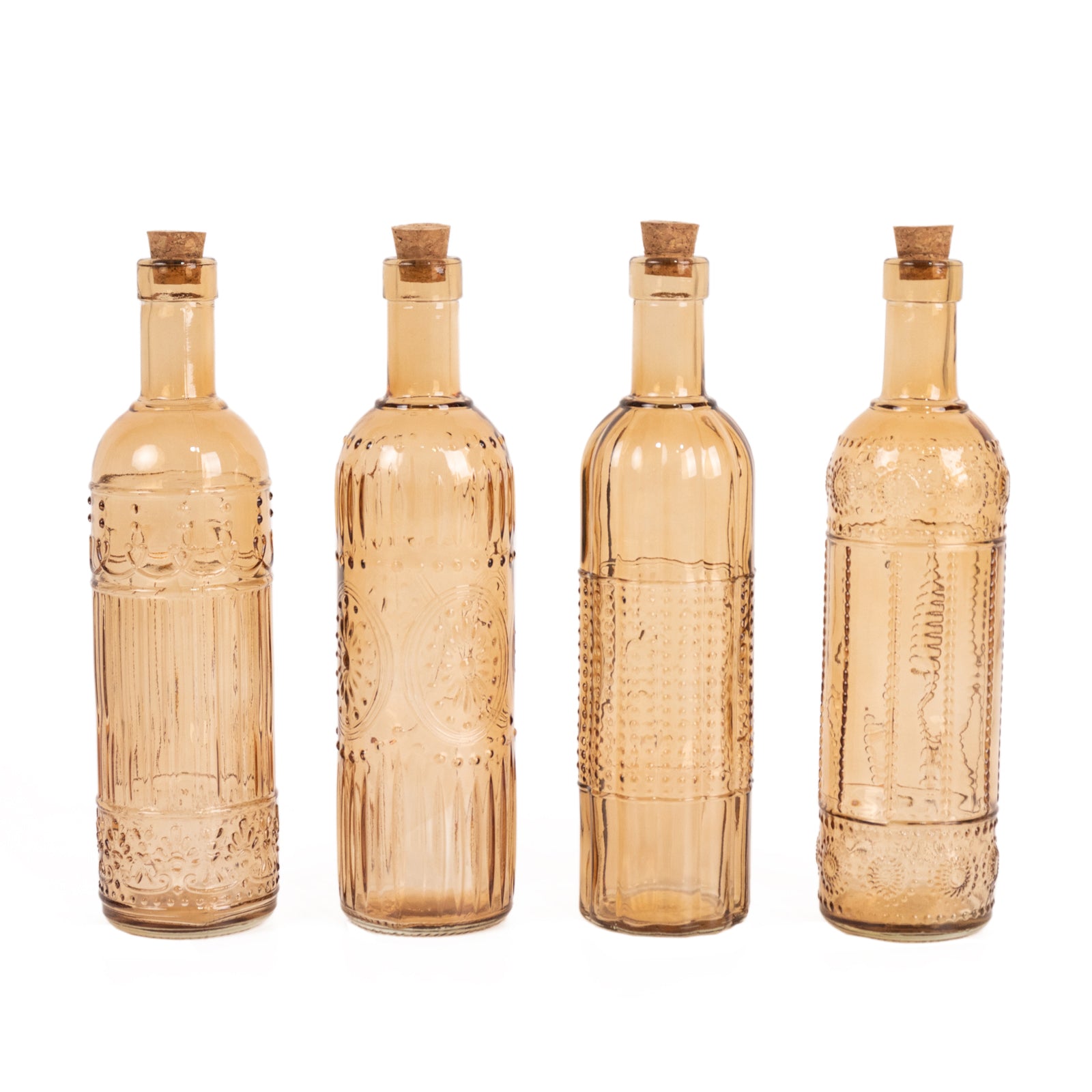 Set of 4 Embossed Glass Bottles Vintage Amber Gold with Corks - Large Flower Bud Vases 16oz 10 Tall