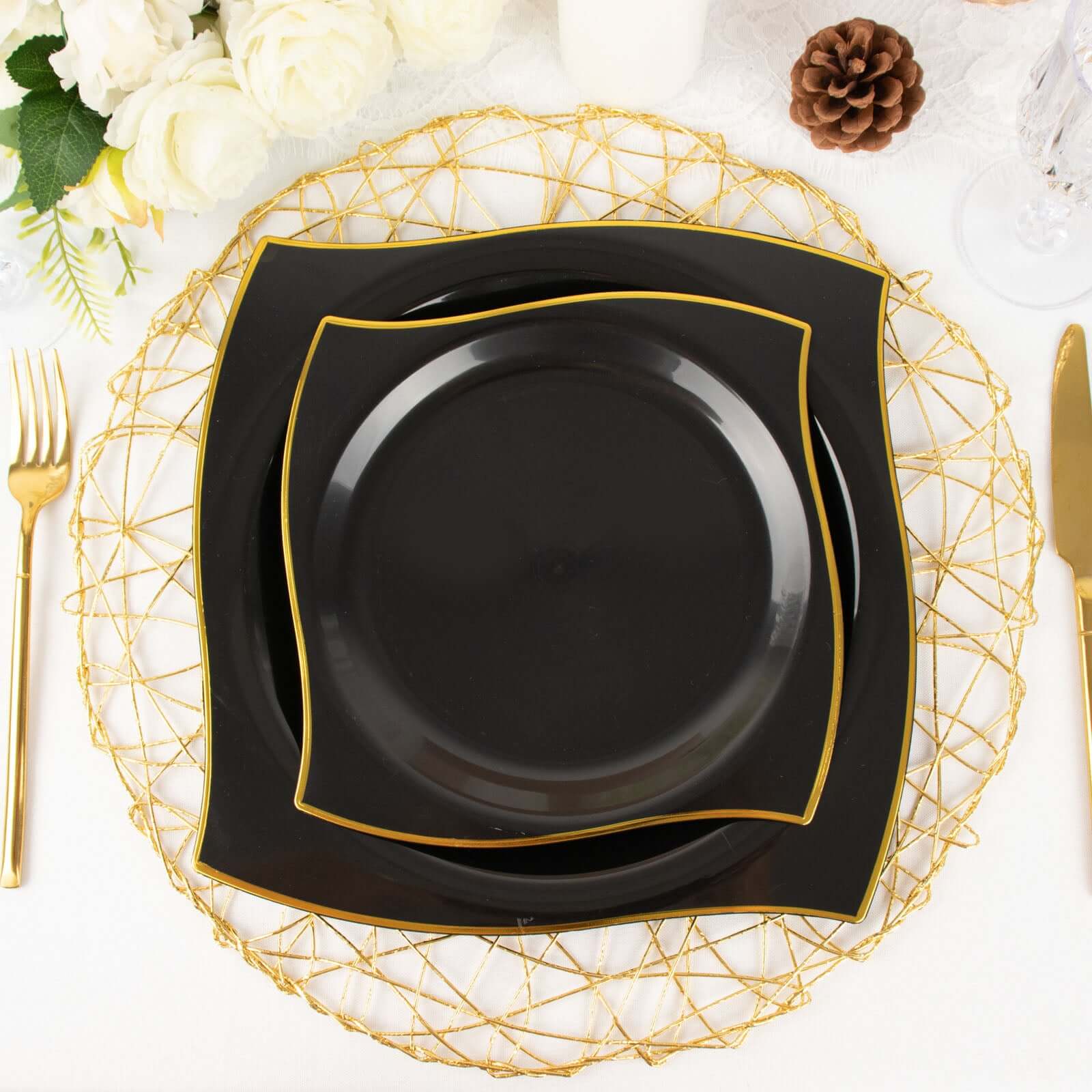 10-Pack Plastic 10 Square Dinner Plates in Black with Gold Wavy Rim Modern - Disposable Party Plates