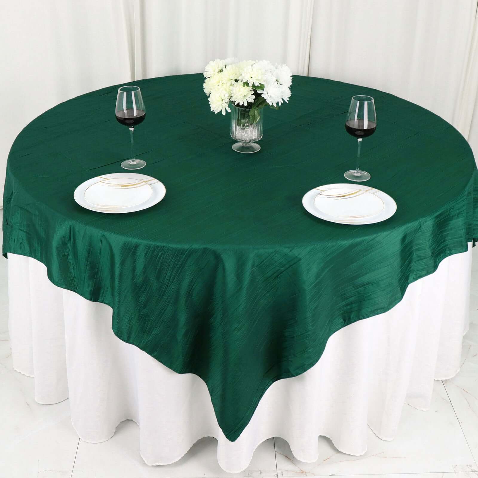 Taffeta 72x72 Table Overlay Square Tablecloth Hunter Emerald Green - Accordion Crinkle Table Cover