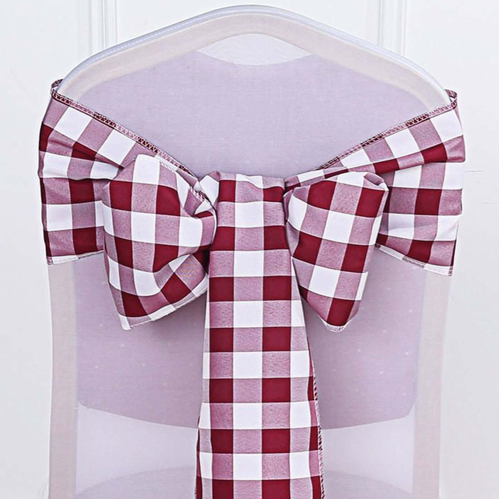 5 Pack Polyester Chair Sashes Burgundy/White Buffalo Plaid - Durable & Reusable Chair Bows 6x108