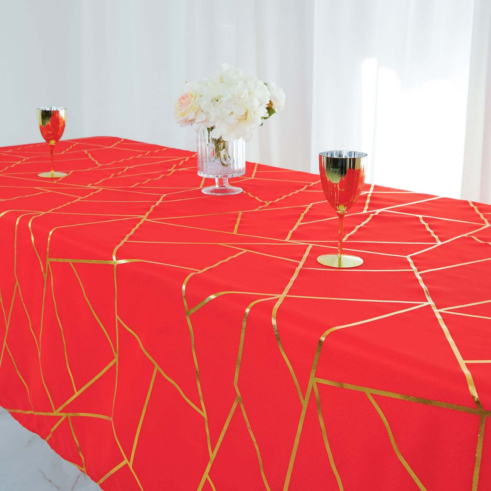 Polyester 60x102 Rectangle Tablecloth Red with Gold Foil Geometric Pattern - Wrinkle-Resistant & Durable Table Cover