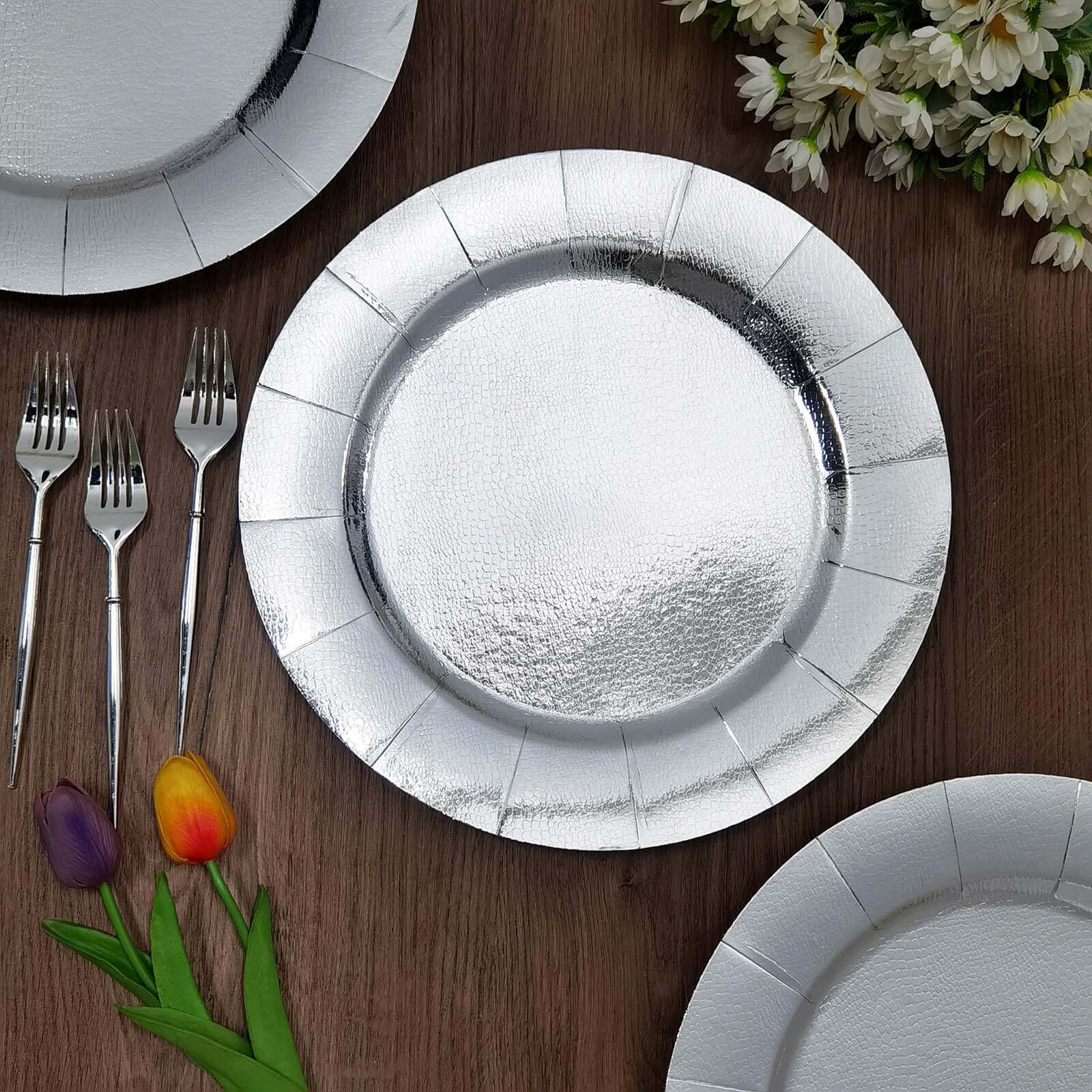 10-Pack Disposable Round Charger Plates in Silver with Leathery Texture - Durable 1100GSM Cardboard Placemats 13