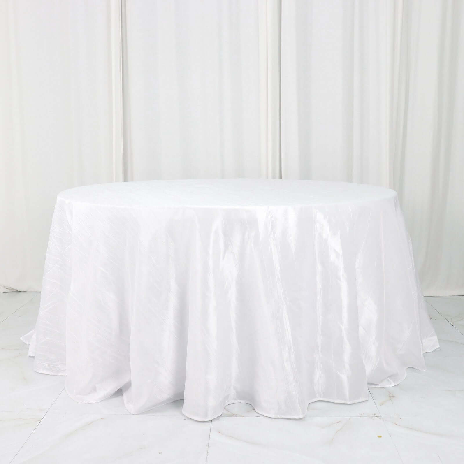 Taffeta 132 Round Tablecloth White - Seamless Accordion Crinkle Design for Exquisite Occasions