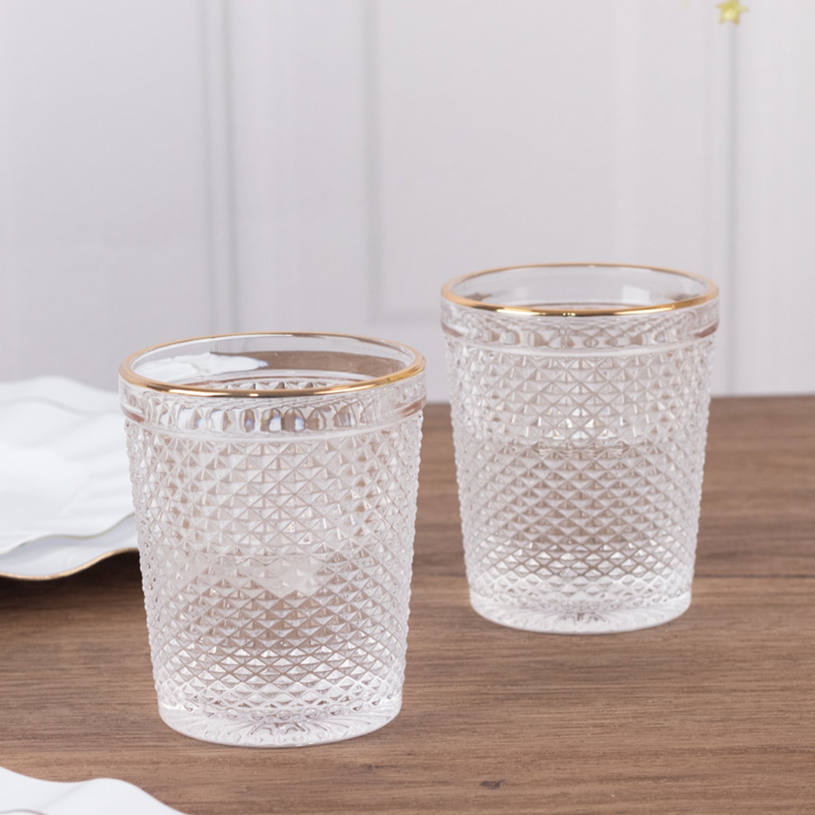 6-Pack Tumbler Glasses Clear Hobnail Design with Gold Rim - Embossed Diamond Pattern Glassware for Drinks & Parties 11oz 4