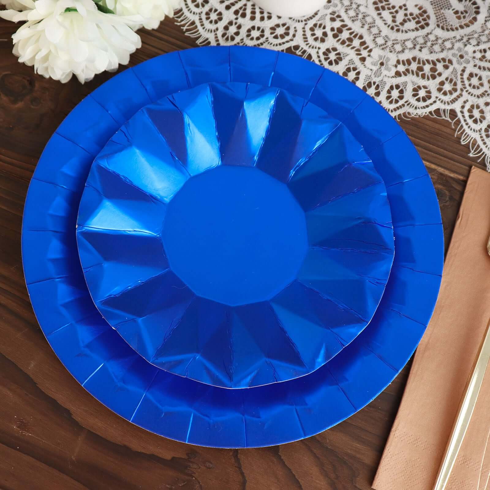 25-Pack Paper 7 Round Dessert Plates in Royal Blue with Geometric Prism Rim - Disposable 400GSM Appetizer Salad Plates