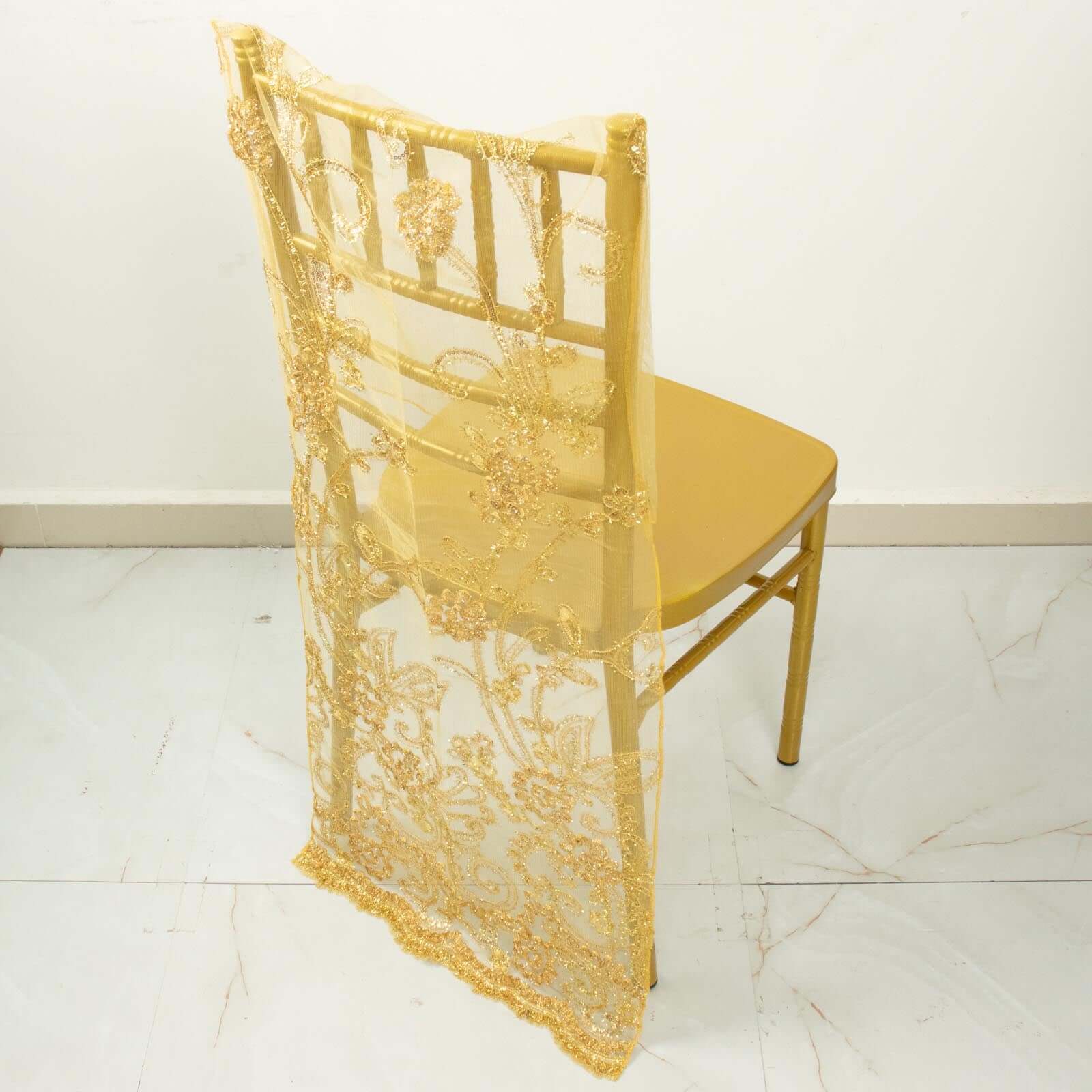 Organza Chiavari Chair Slipcover with Floral Sequin Embroidery Gold - Lace Chair Back Cover