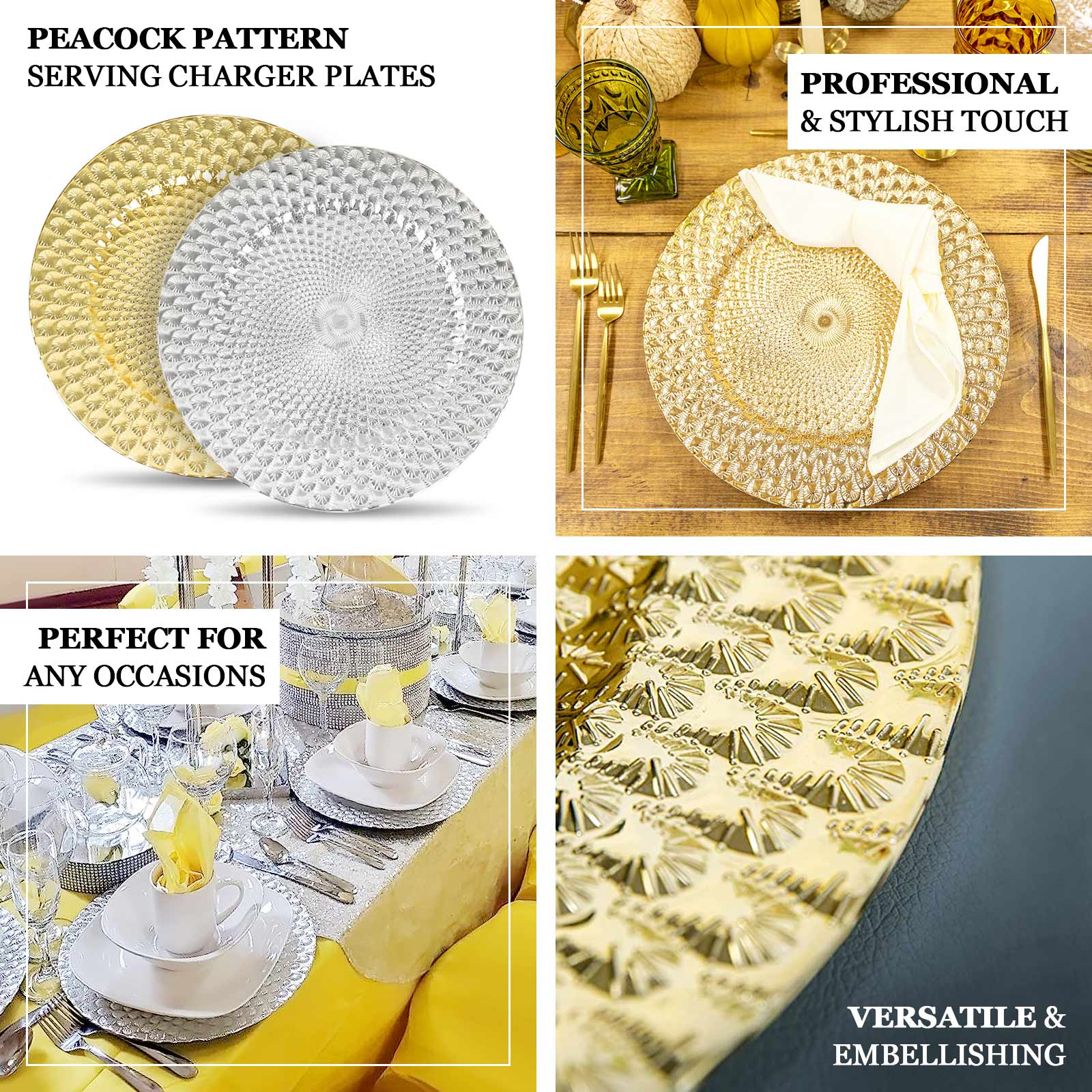 6-Pack Plastic Round Charger Plates 13 in Gold with Peacock Pattern, Exquisite Decorative Dinner Party Charger Tableware