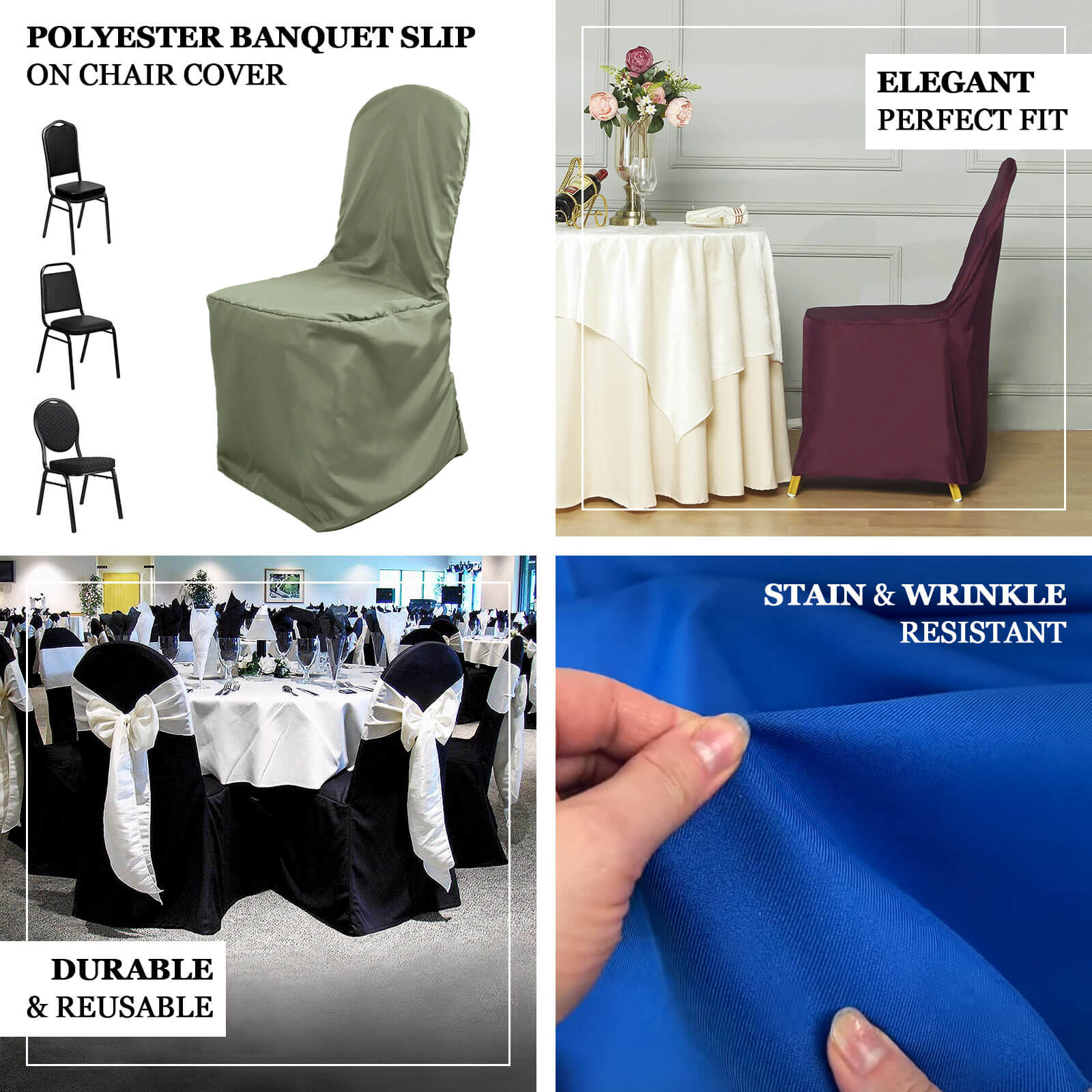 10 Pack Polyester Chair Cover for Banquet Chairs Dusty Blue - Stain-Resistant Reusable Slip-On Slipcover