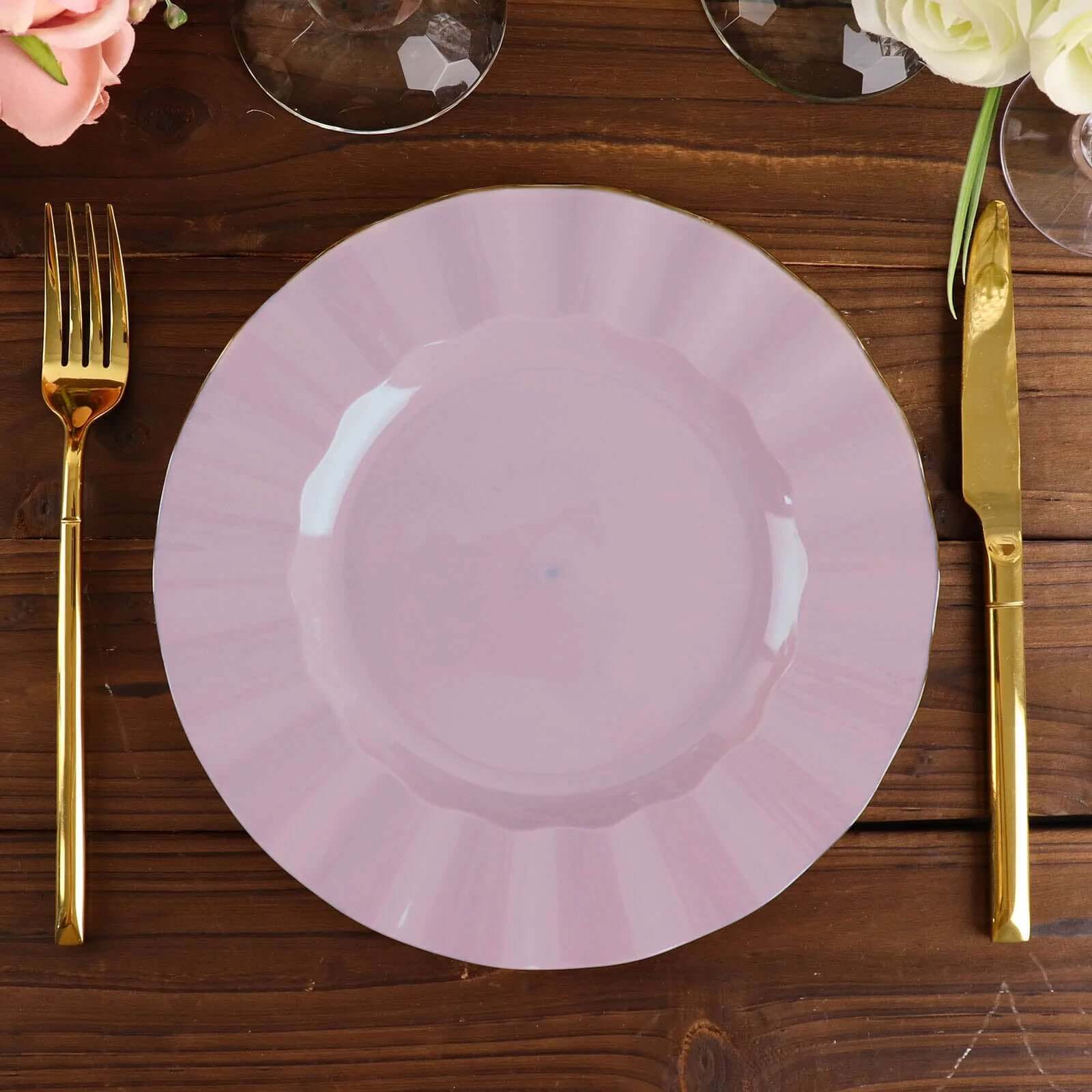 10-Pack Plastic 9 Round Dinner Plates in Lavender Lilac Ruffled Rim with Gold Edging - Sturdy Disposable Dinnerware