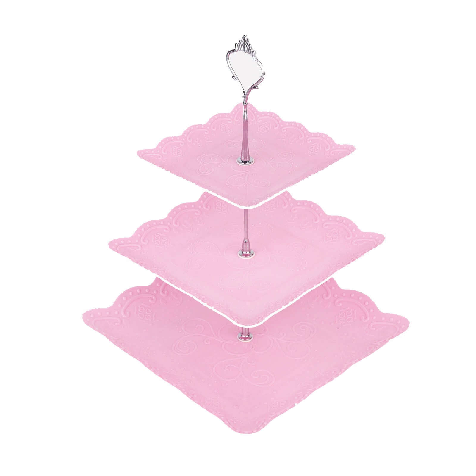 3-Tier Plastic Square Cupcake Stand Tower Pink - Charming Easy to Assemble Dessert Display Serving Tray Platter with Floral Embossed Scalloped Rim & Silver Handle for Tea Parties Weddings & Special Oc