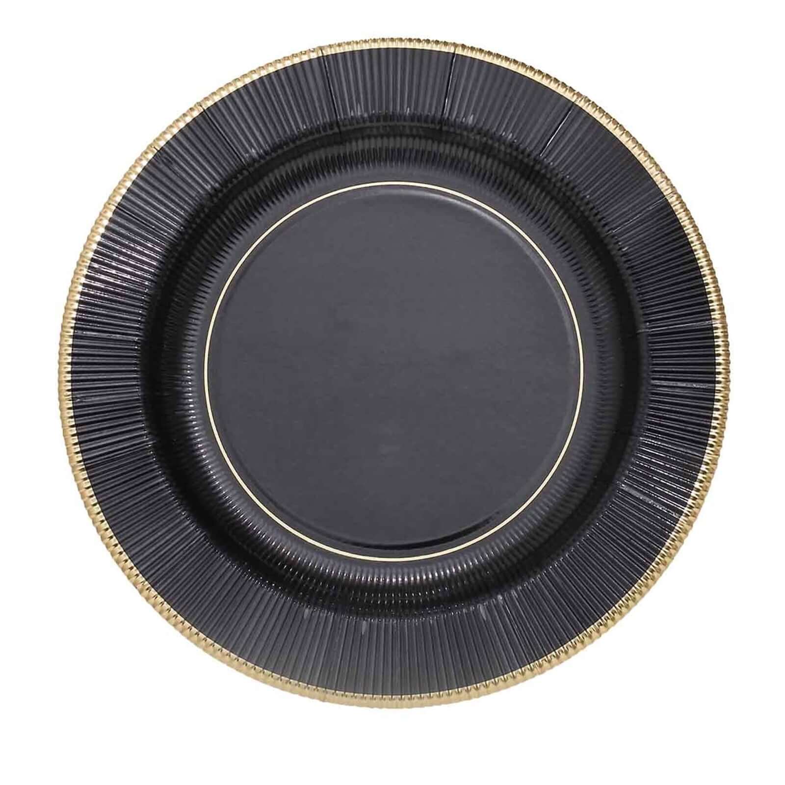 25-Pack Paper 10 Round Dinner Plates in Black Sunray Design with Gold Rim - Disposable Heavy Duty 350GSM Party Plates for Banquets & Celebrations