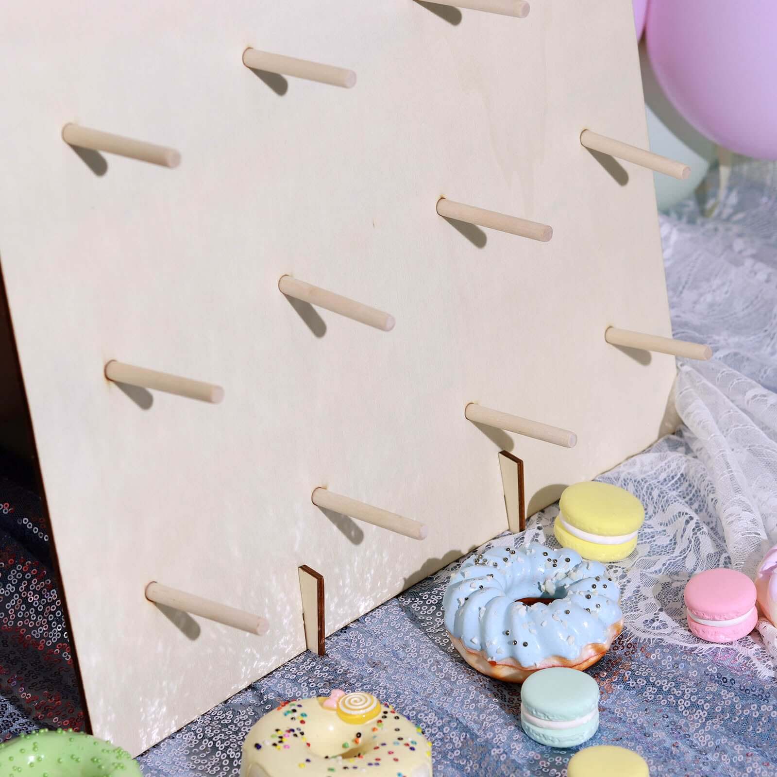 Natural Wood Rectangle Donut Wall Stand - Space Saving Detachable Rustic Chic Doughnut Pegboard Dessert Display Pretzel Bagel Holder 19