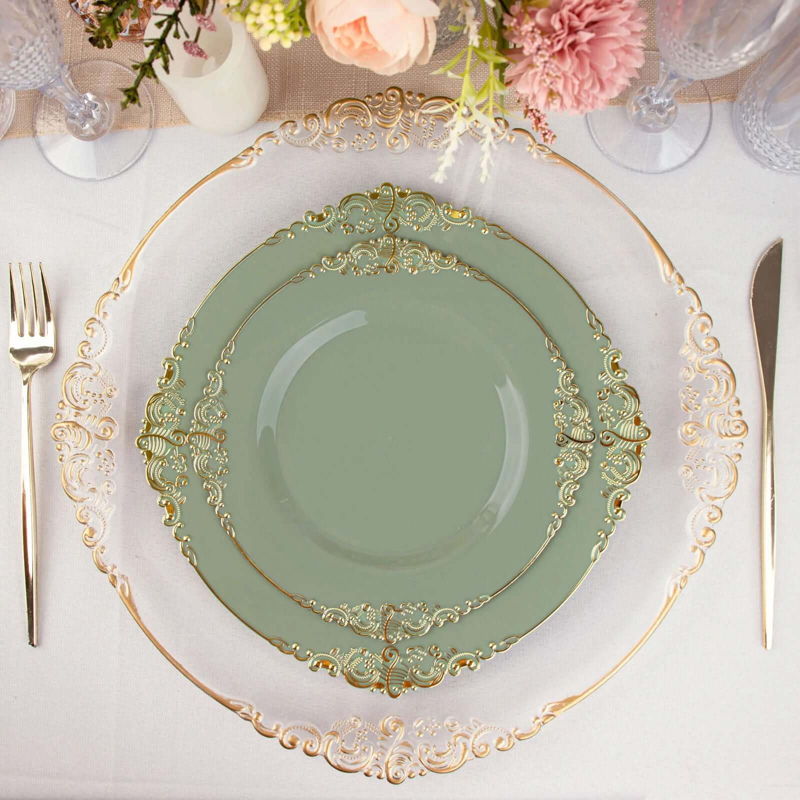 10-Pack Plastic 10 Round Dinner Plates in Dusty Sage Green with Gold Leaf Embossed Rim - Disposable Vintage Baroque Style Plates