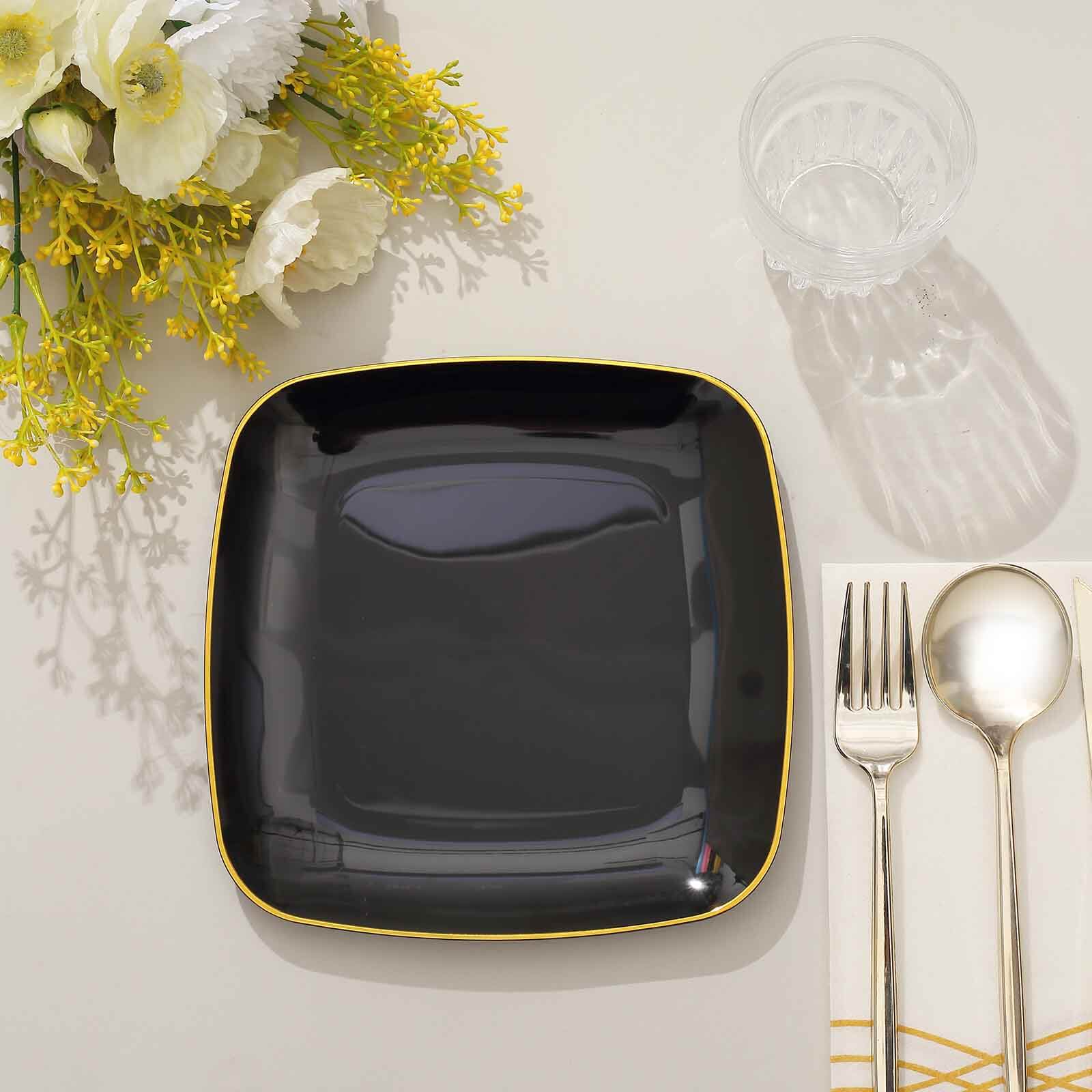 10-Pack Plastic 7 Square Dessert Plates in Black with Gold Rim - Classy Disposable Appetizer Salad Plates