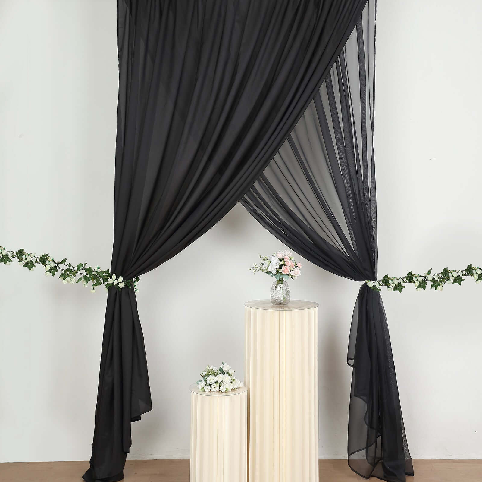 Black Chiffon Polyester Event Curtain Drapes, Dual Layer Divider Backdrop Curtain Panels with Rod Pockets - 10ftx10ft