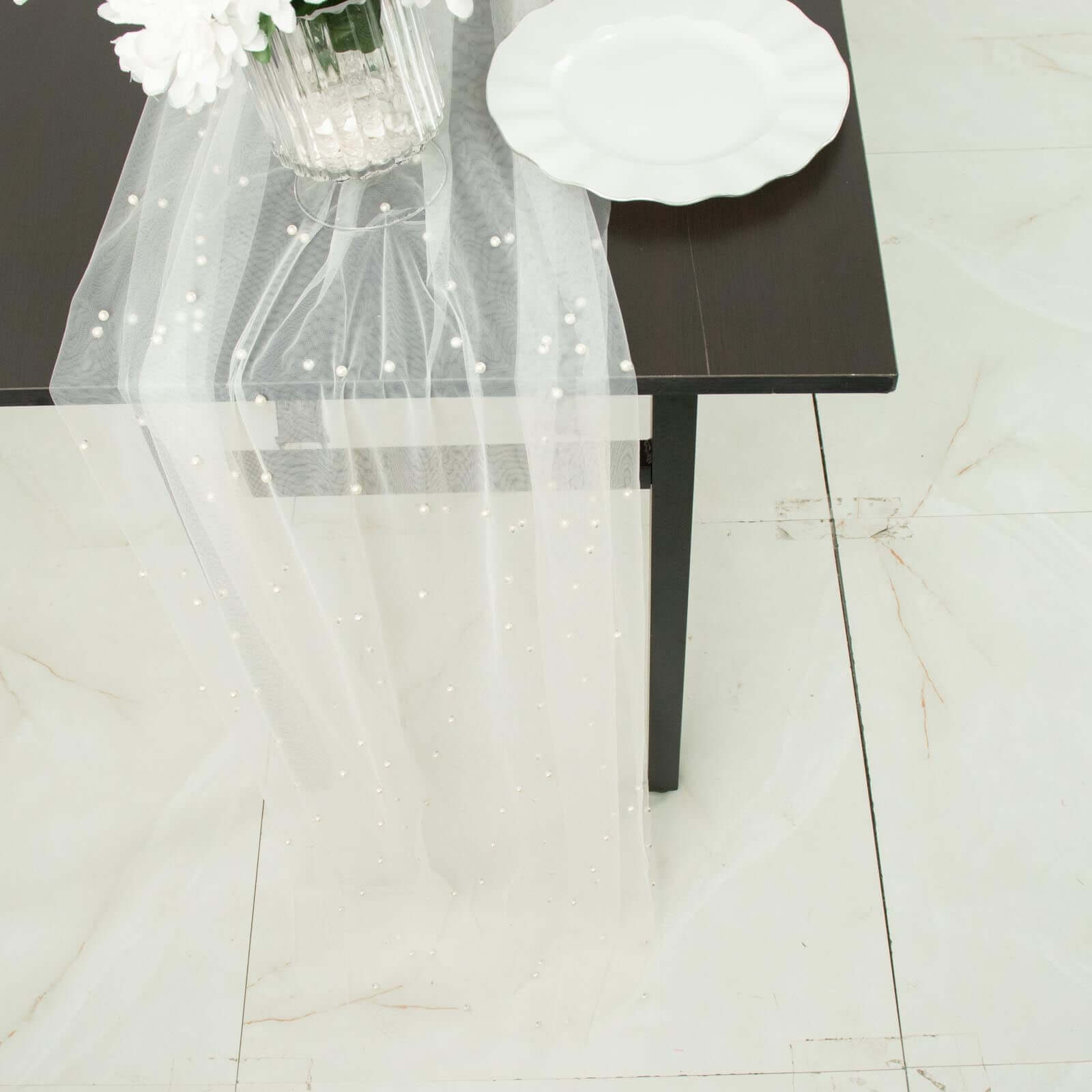 Sheer Tulle 48x120 Table Runner White Pearl Embellished - Stylish Wedding & Event Table Linen