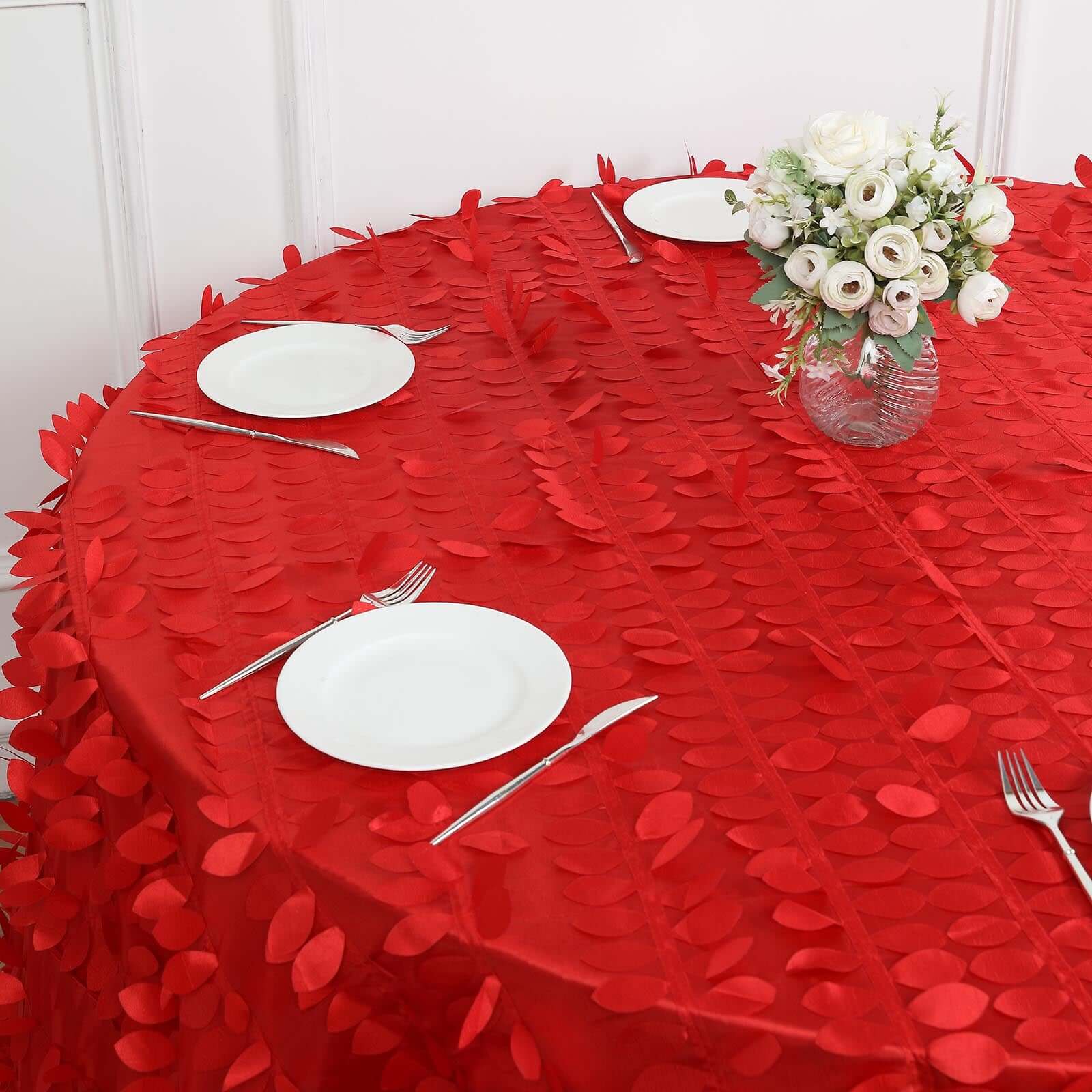 120 Red 3D Leaf Petal Taffeta Fabric Seamless Round Tablecloth for 5 Foot Table With Floor-Length Drop