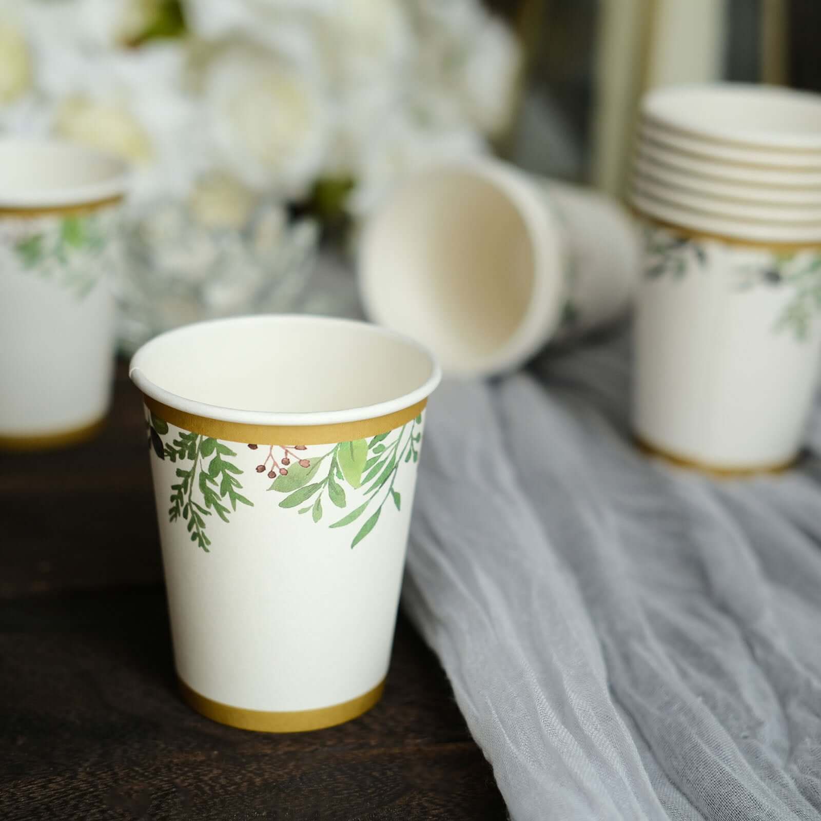 24 Pack 9oz White Tropical Greenery Gold Trim Party Paper Cups, Eucalyptus Disposable Cups With Gold Rim - 250 GSM