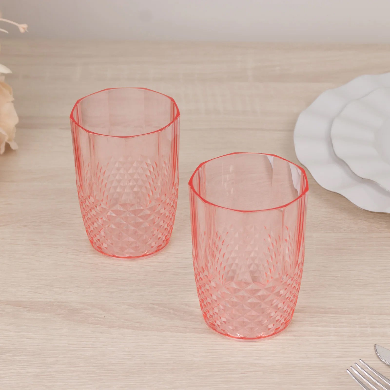 6-Pack Plastic Short Tumblers Transparent Blush Crystal Cut Style - Reusable All-Purpose Glasses 16oz