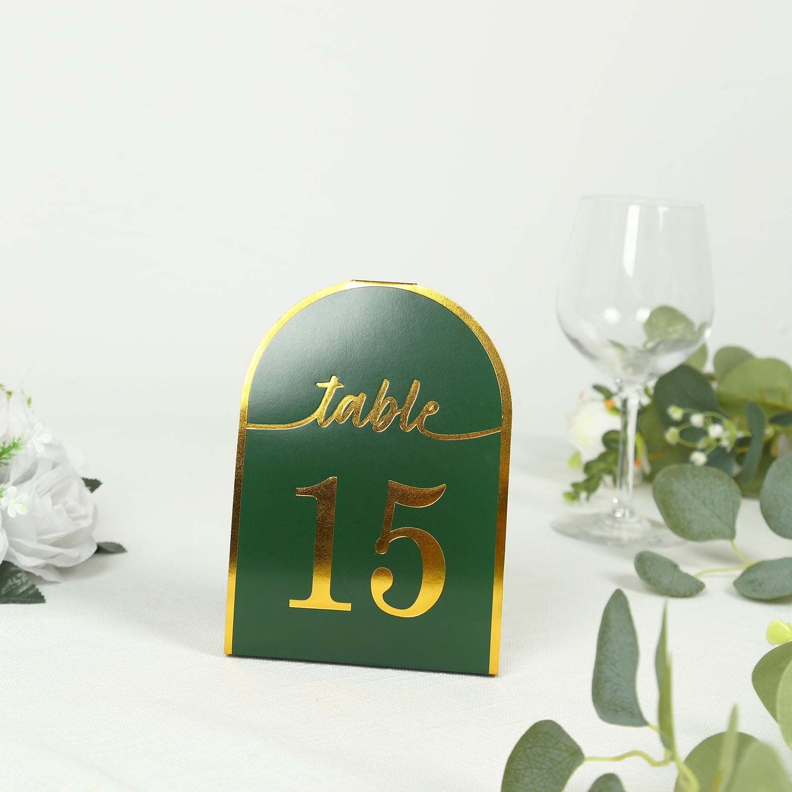 25-Pack Paper Wedding Table Numbers 1-25 Hunter Emerald Green Arch Cutout Design - Sleek & Modern Free Standing Double Sided Table Tent Cards with Metallic Gold Foil Numbers 7