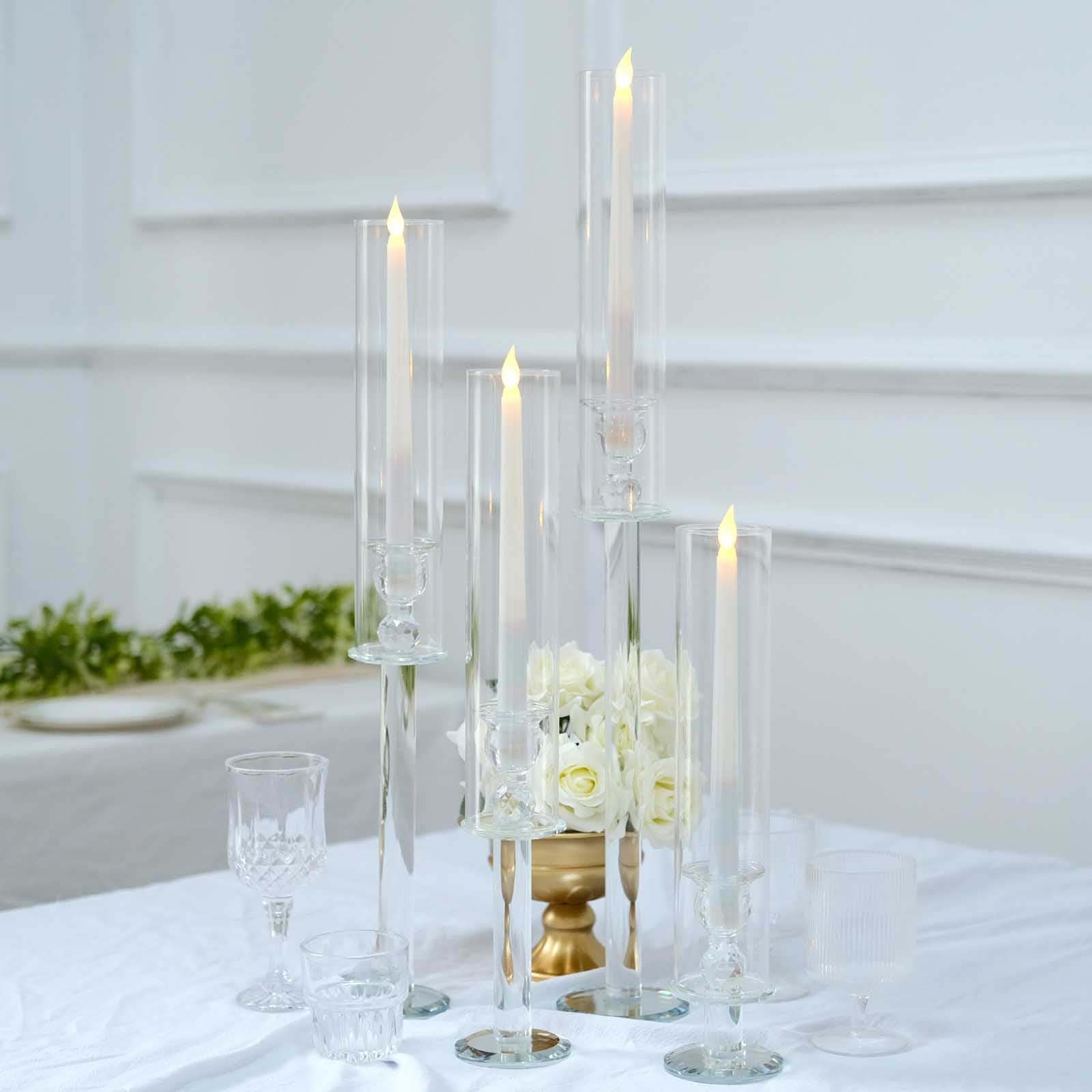 Set of 4 Crystal Glass Hurricane Taper Candle Holders, Decorative Tall Candle Stands Clear Cylinder Chimney Tubes 14, 18, 22, 26