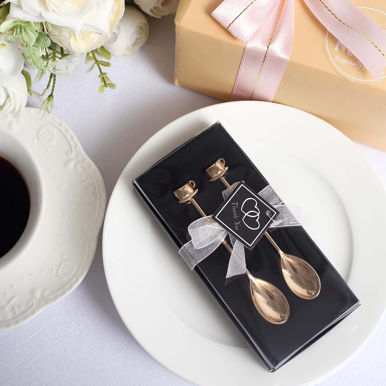 2 Pack 4 Gold Metal Couple Coffee Spoon Set Party Favors, Pre-Packed Wedding Souvenir Gift