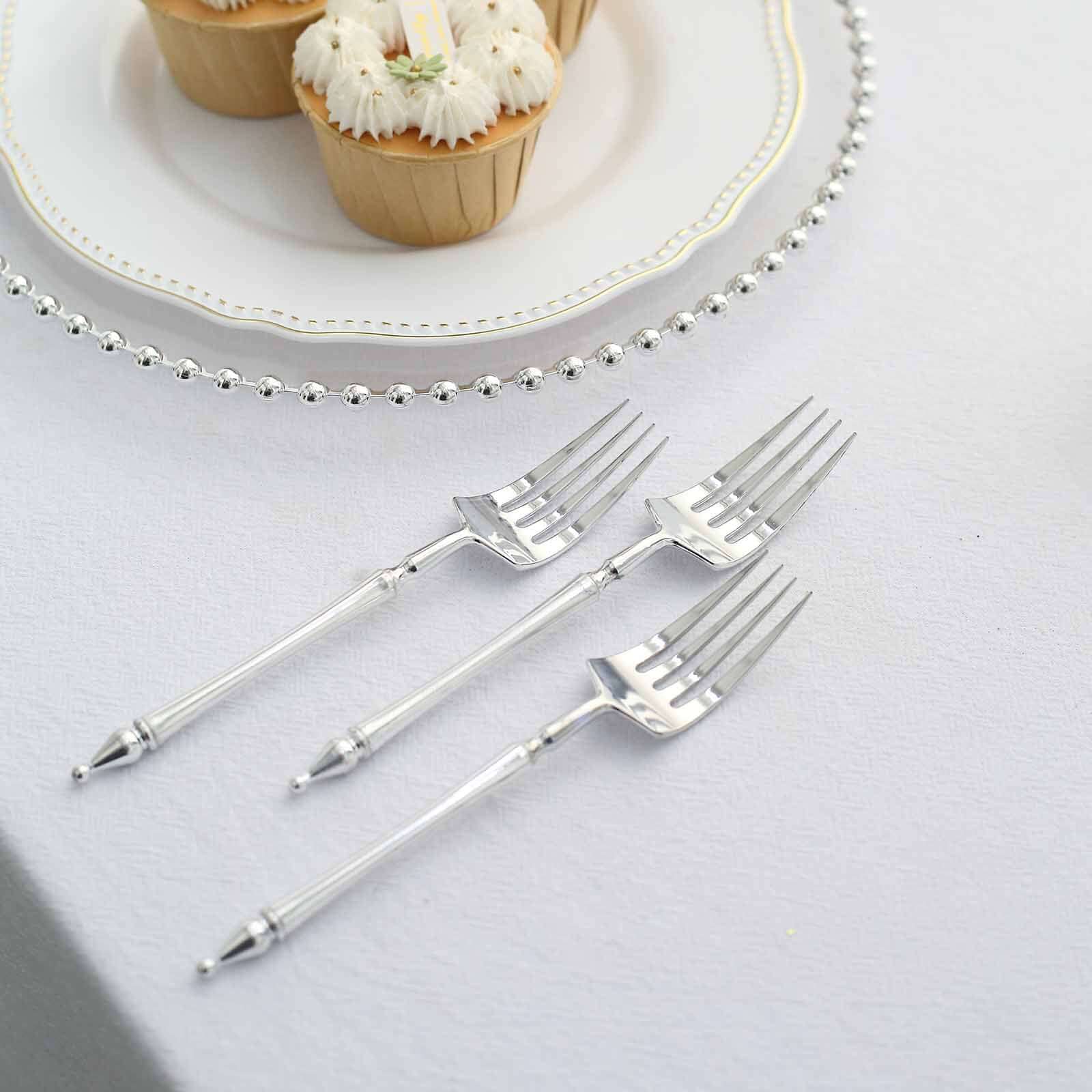 24-Pack Plastic Dessert Forks with Roman Column Handle Silver - European Style Disposable Utensils 6