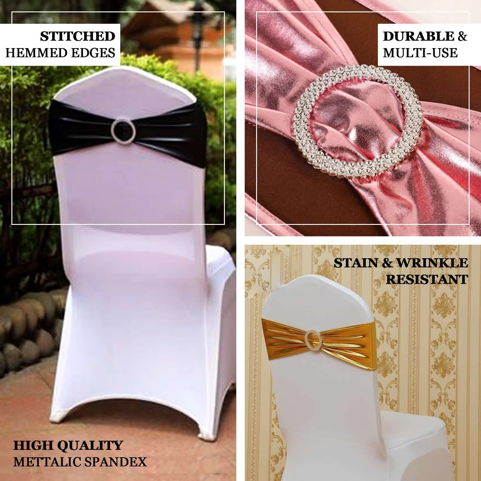 5 Pack Metallic Spandex Chair Sashes Blush - Stretch Fit Chair Bands With Round Diamond Buckles