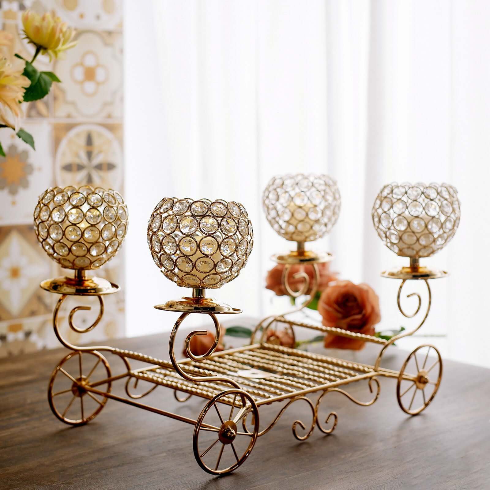 Candle Holder 4-Arm Gold Metal Crystal Cinderella Carriage Wedding Centerpiece - Decorative Display 18