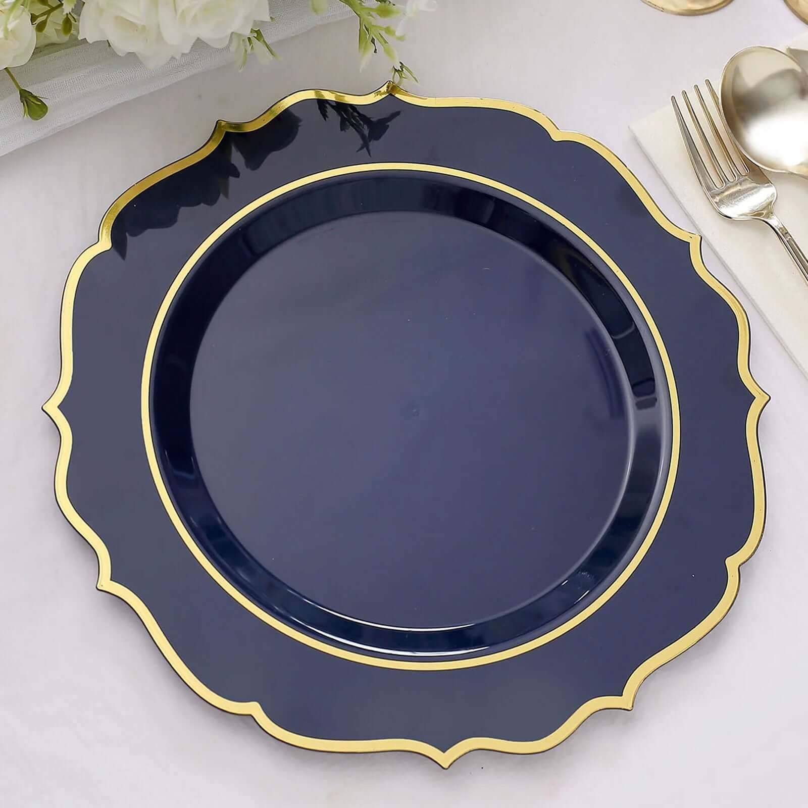 10-Pack Plastic 10 Round Dinner Plates in Navy Blue with Gold Scalloped Rim - Disposable Party Plates