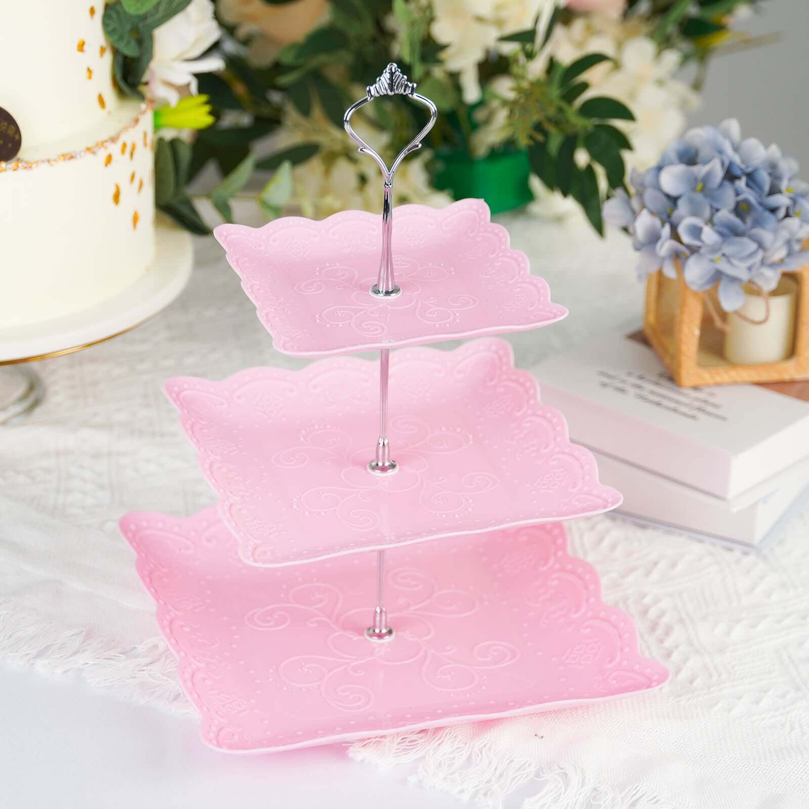 3-Tier Plastic Square Cupcake Stand Tower Pink - Charming Easy to Assemble Dessert Display Serving Tray Platter with Floral Embossed Scalloped Rim & Silver Handle for Tea Parties Weddings & Special Oc