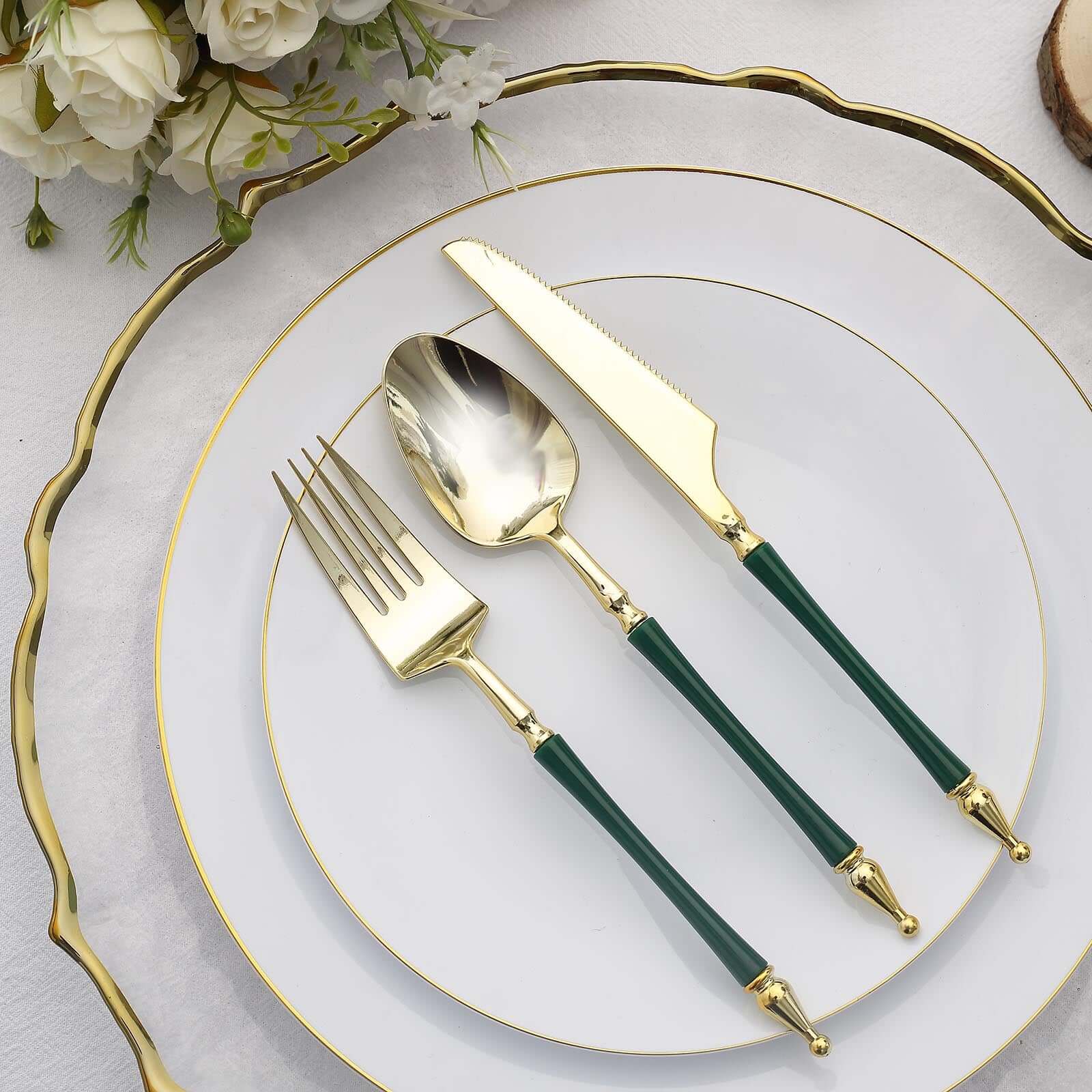 24-Pack Plastic Utensil Set with Roman Column Handle Gold/Hunter Emerald Green - Disposable Silverware