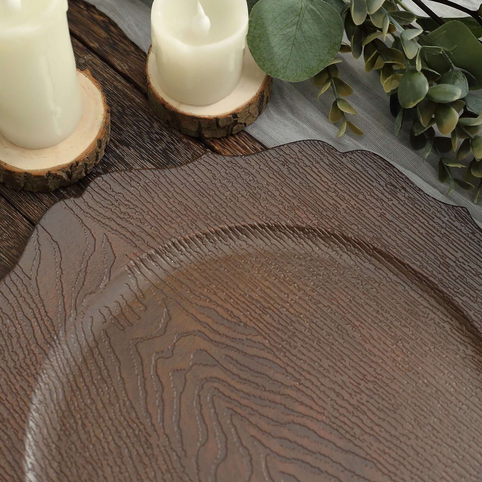 6-Pack Acrylic Round Charger Plates 13 in Rustic Brown with Wood Grain Scalloped Rim, Decorative Dinner Party Charger Tableware