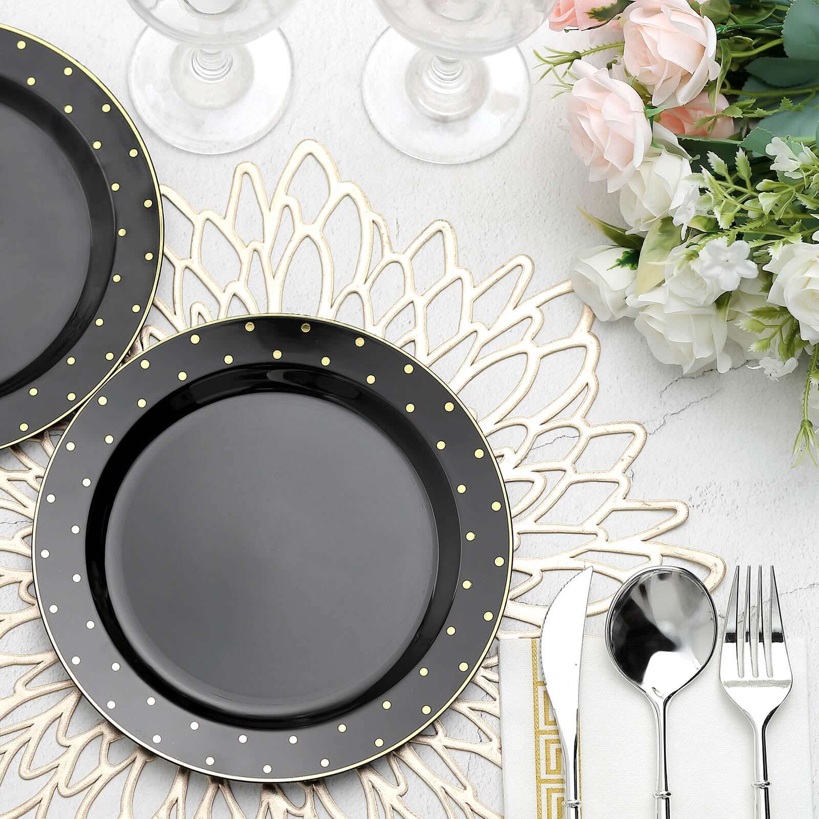 10 Pack 7.5 Black With Gold Dot Rim Plastic Dessert Plates, Round Salad Disposable Tableware Plates