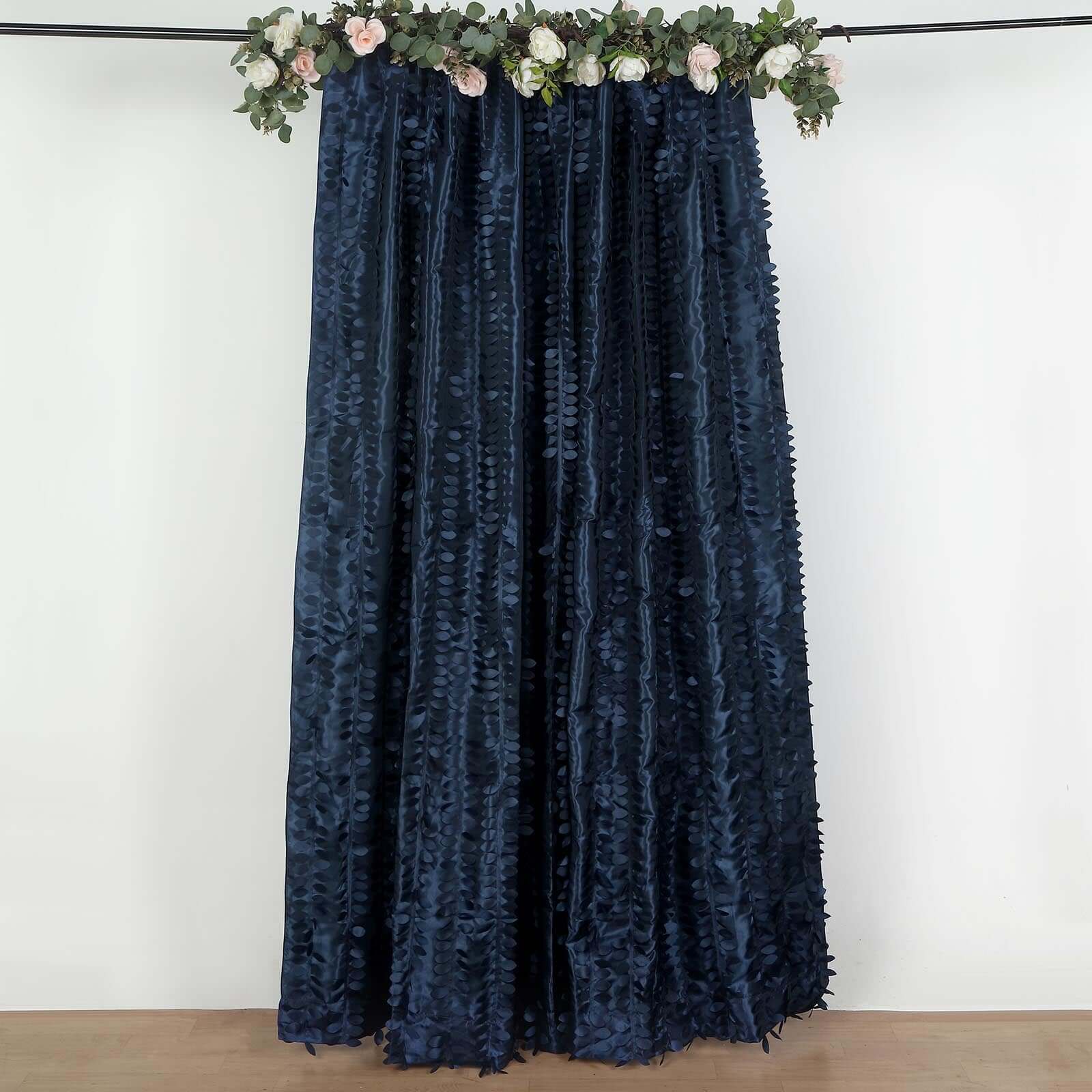 8ftx8ft Navy Blue 3D Leaf Petal Taffeta Event Curtain Drapes, Backdrop Event Panel With Rod Pocket