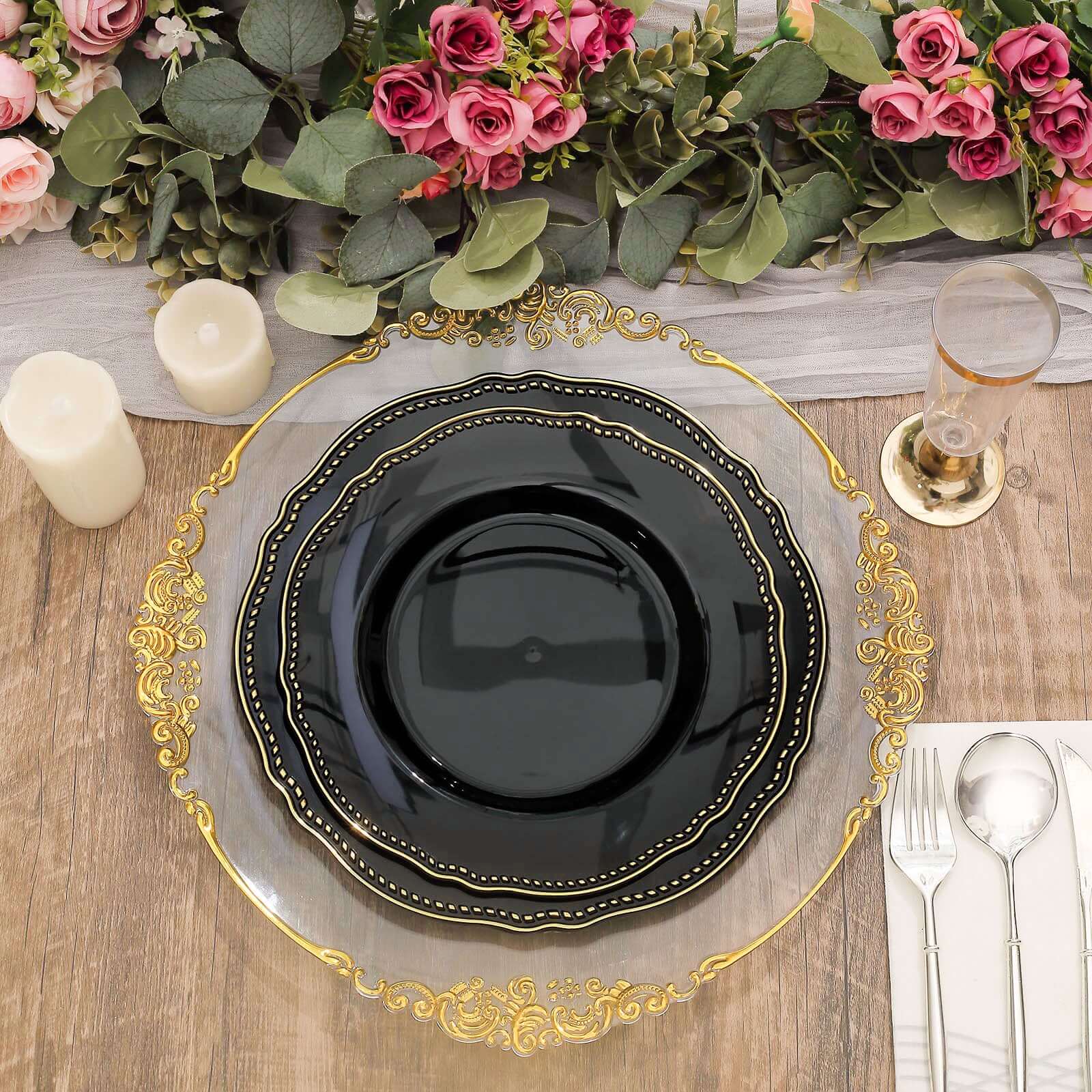 10-Pack Plastic 10 Dinner Plates in Black with Gold Scalloped Rim - Disposable Large Party Plates