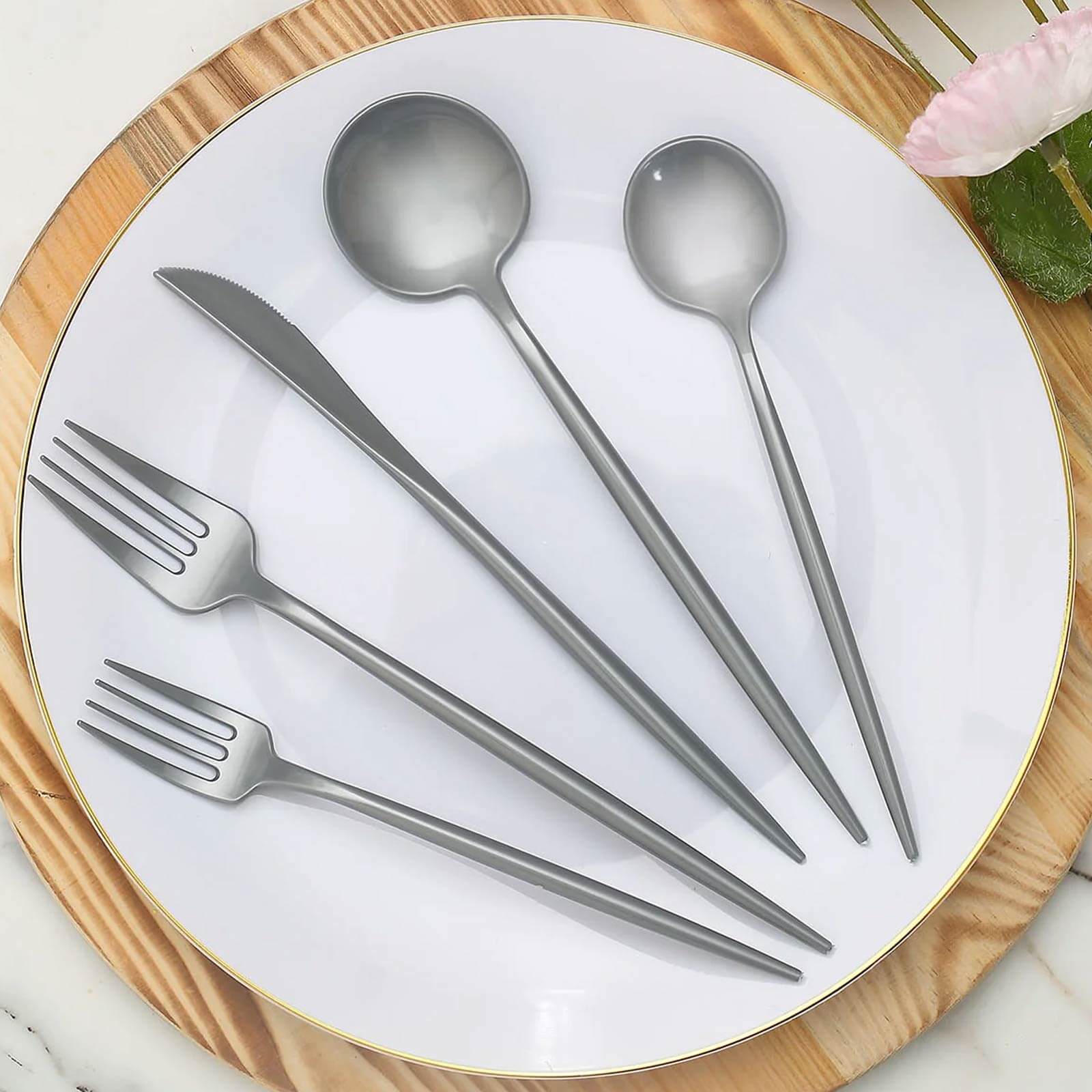 50 Pack Heavy Duty Plastic Utensil Set in Silver, Disposable Dinner and Dessert Cutlery Combo Set